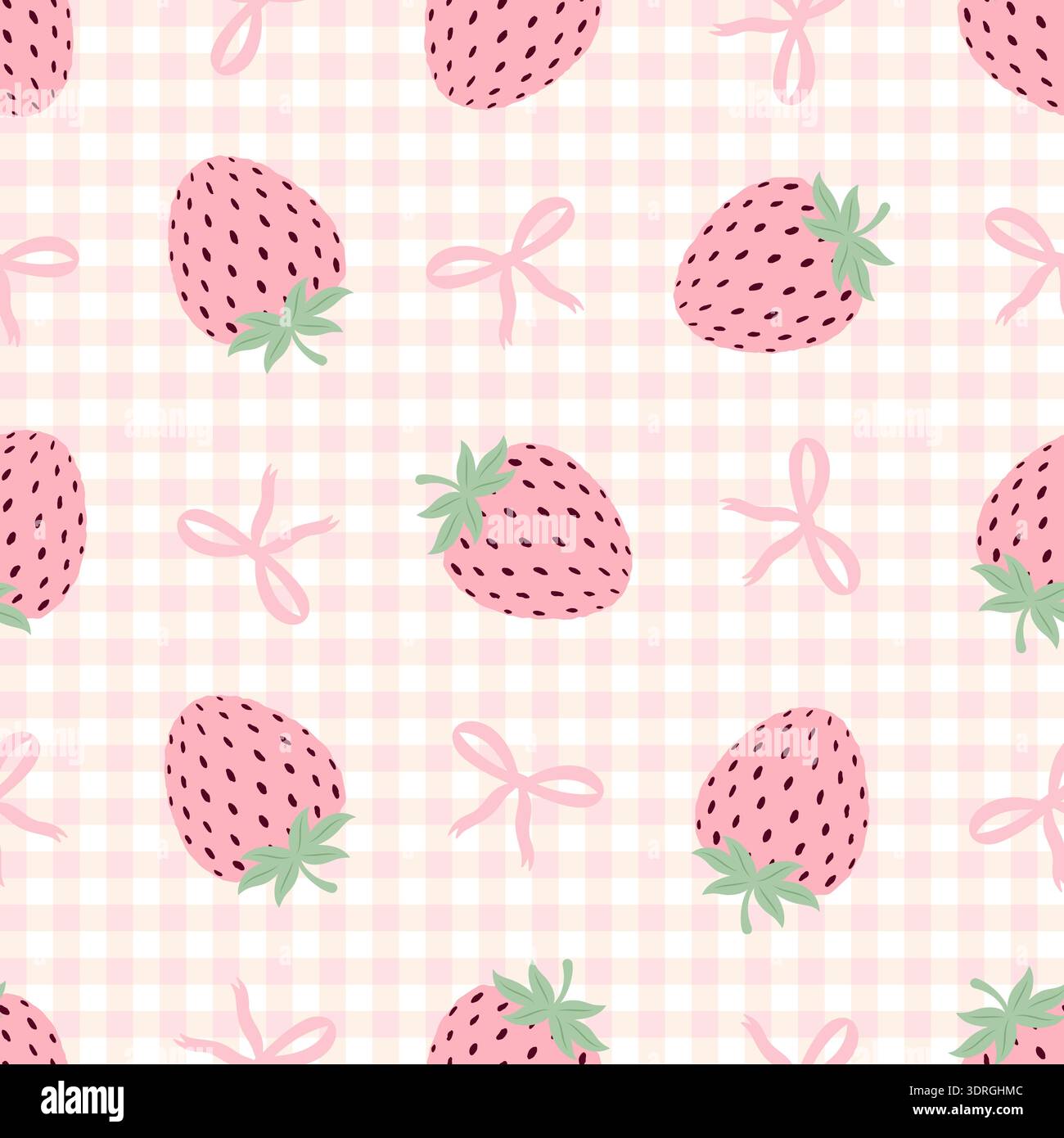 Seamless pattern with pink strawberries and ribbons on a gingham background. Coquette aesthetic for summer textiles and decor. Stock Vector