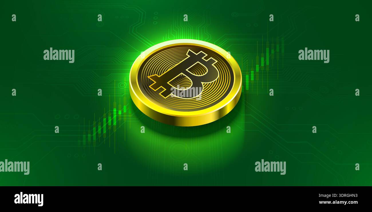 Bitcoin Coin on Green Circuit Background, showing a rising candlestick ...