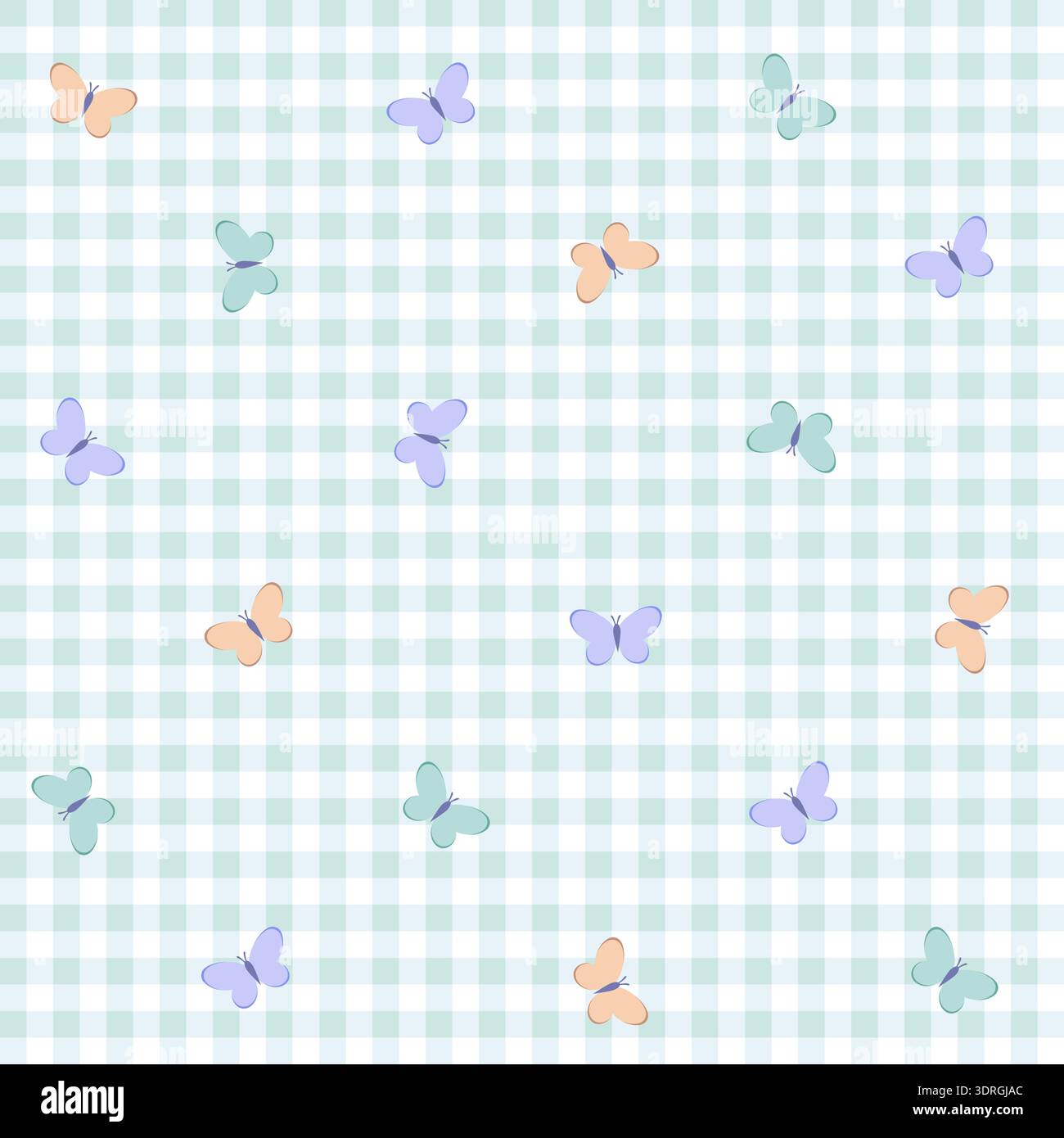 Seamless pattern with cute pastel butterflies on a mint gingham background. Stock Vector