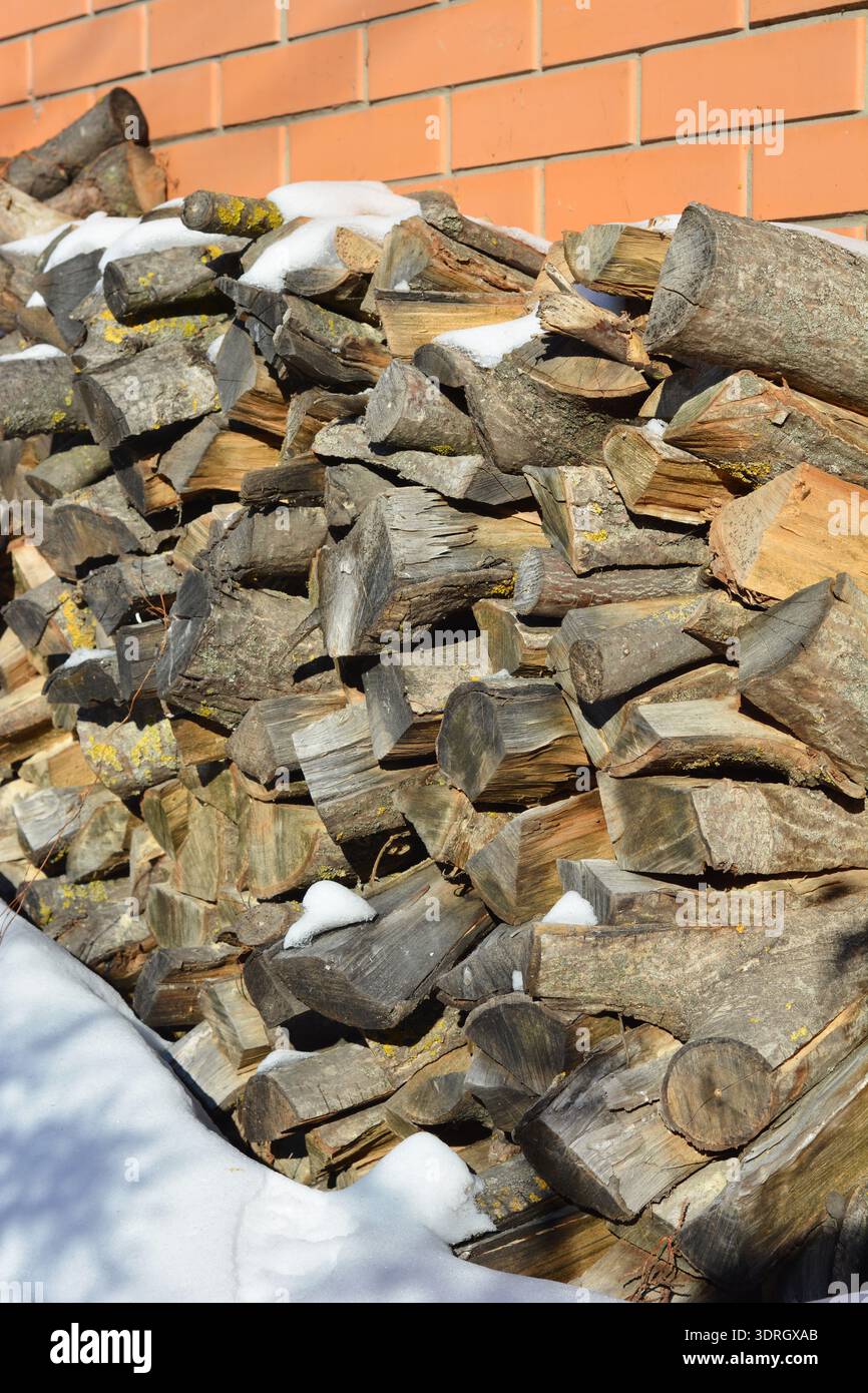 Stacked firewood covered in snow Stock Photo