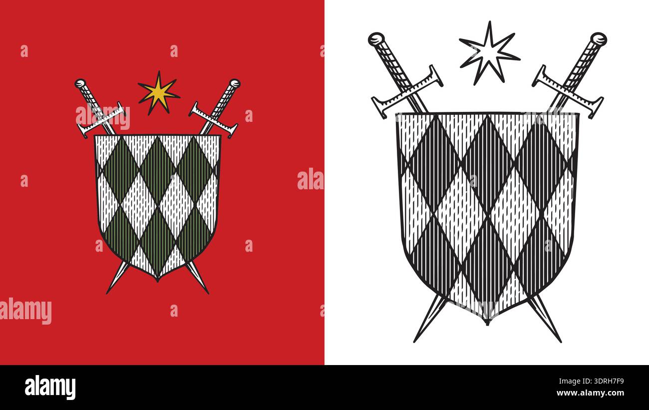 Heraldic shield and swords with a star for coat of arms design and shield. Hand drawn engraving in old traditional medieval style, modern made element Stock Vector