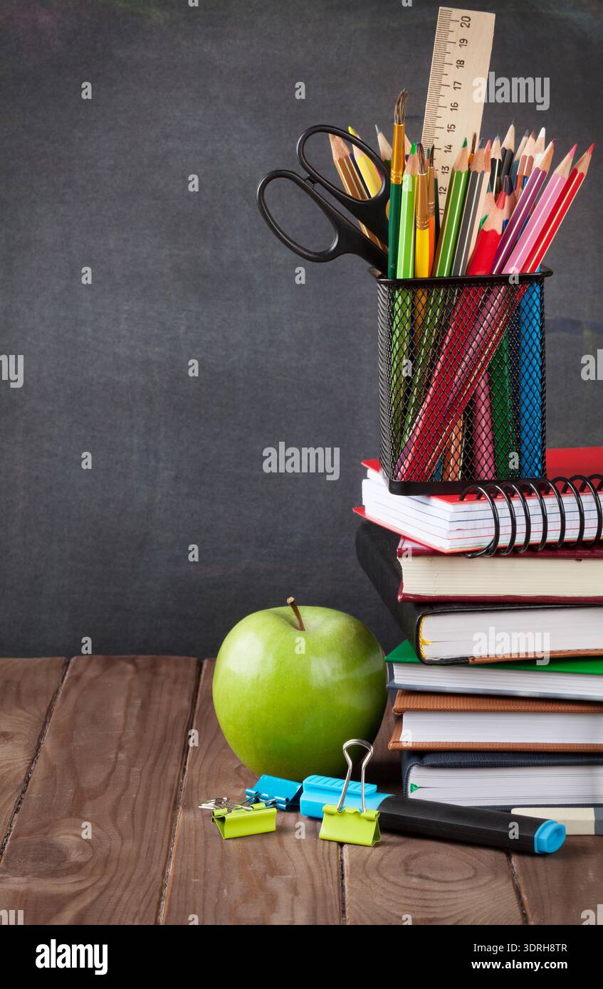 School and office supplies and apple Stock Photo