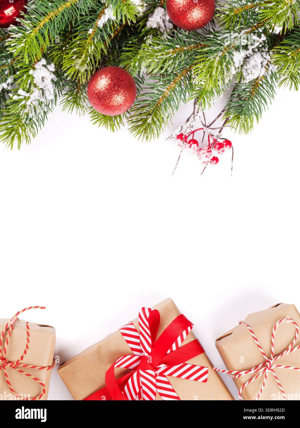 Christmas tree branch with gift boxes Stock Photo