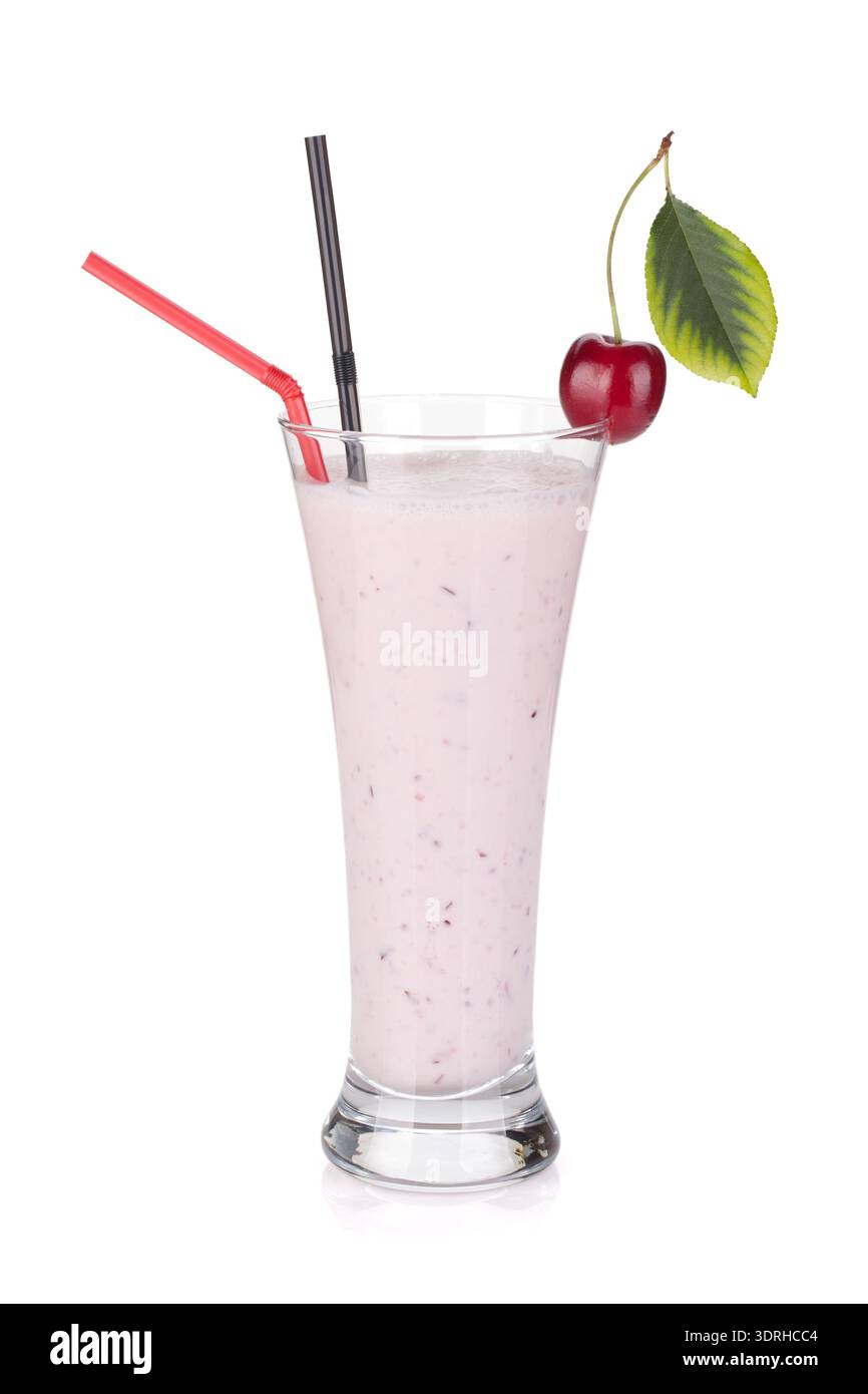 Cherry milk smoothie with drinking straws. Isolated on white background Stock Photo