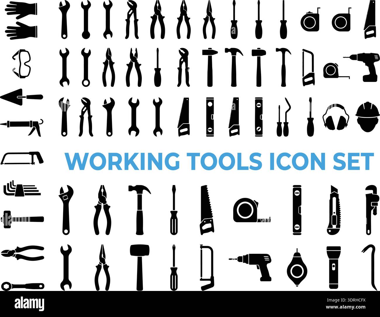 Working Tools Icon Set – Black Silhouette Construction Equipment Collection Stock Vector