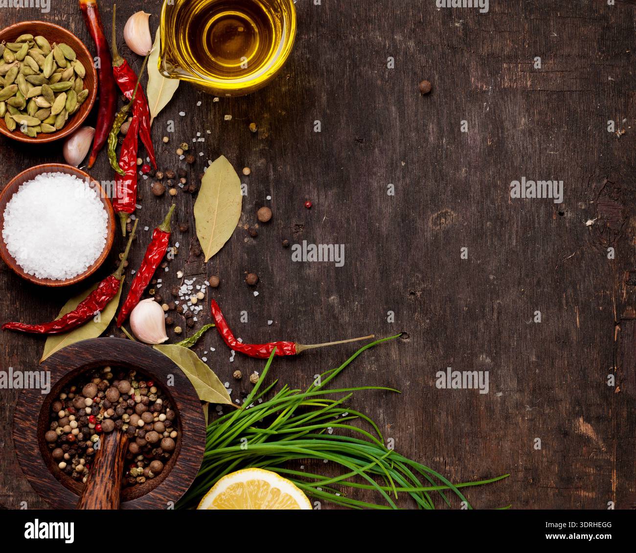 Various spices on wooden background Stock Photo