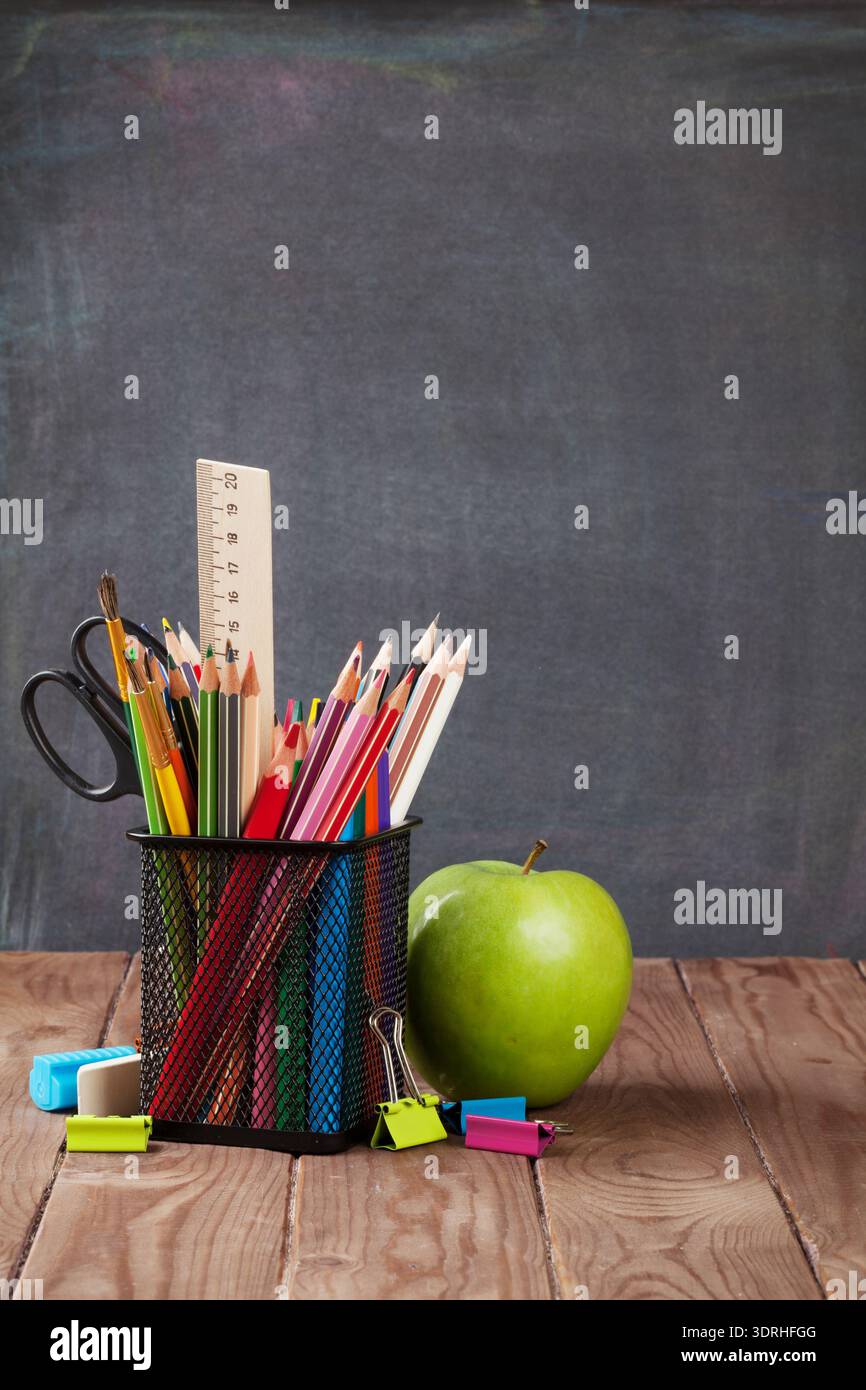 School and office supplies and apple Stock Photo