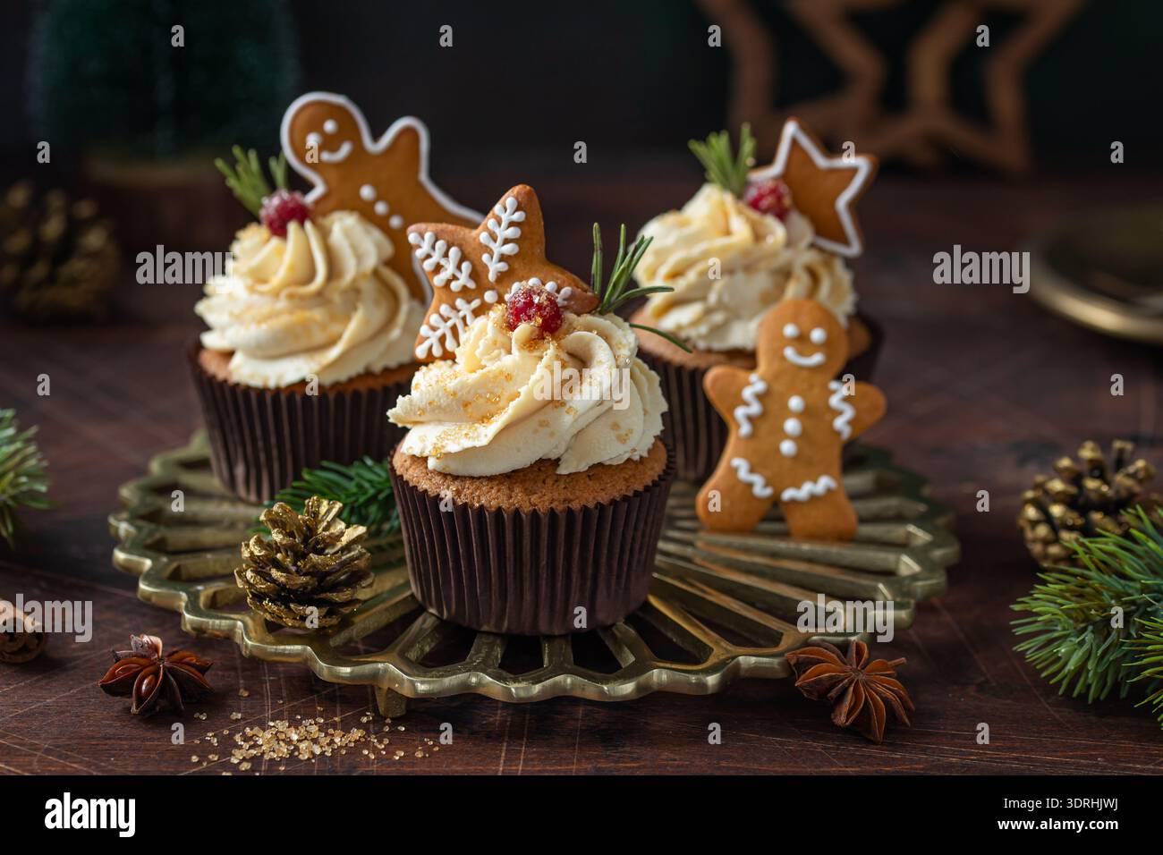 Christmas cupcakes with gingerbread cookies Stock Photo