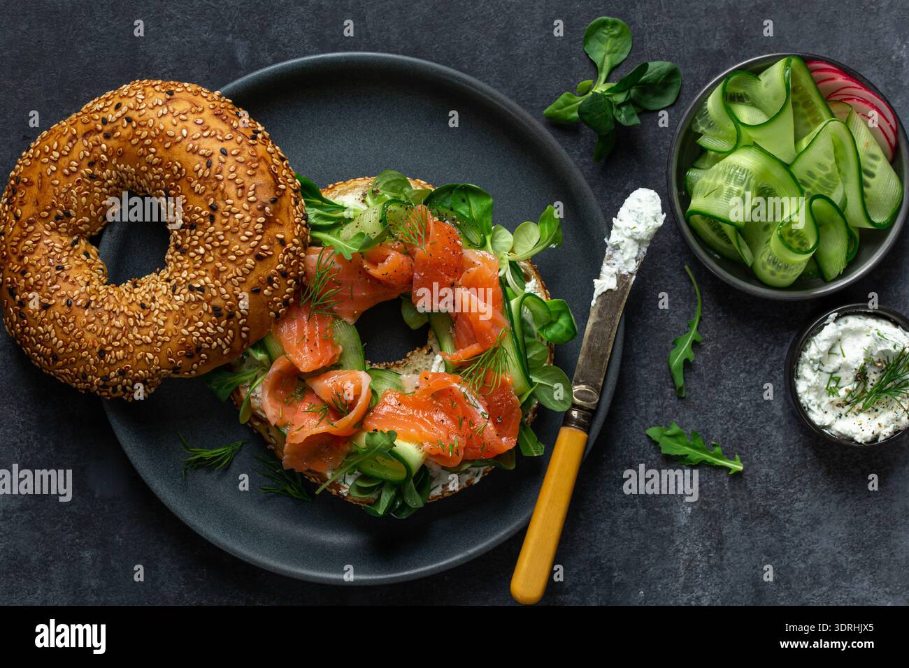 Smoked salmon bagel sandwich Stock Photo