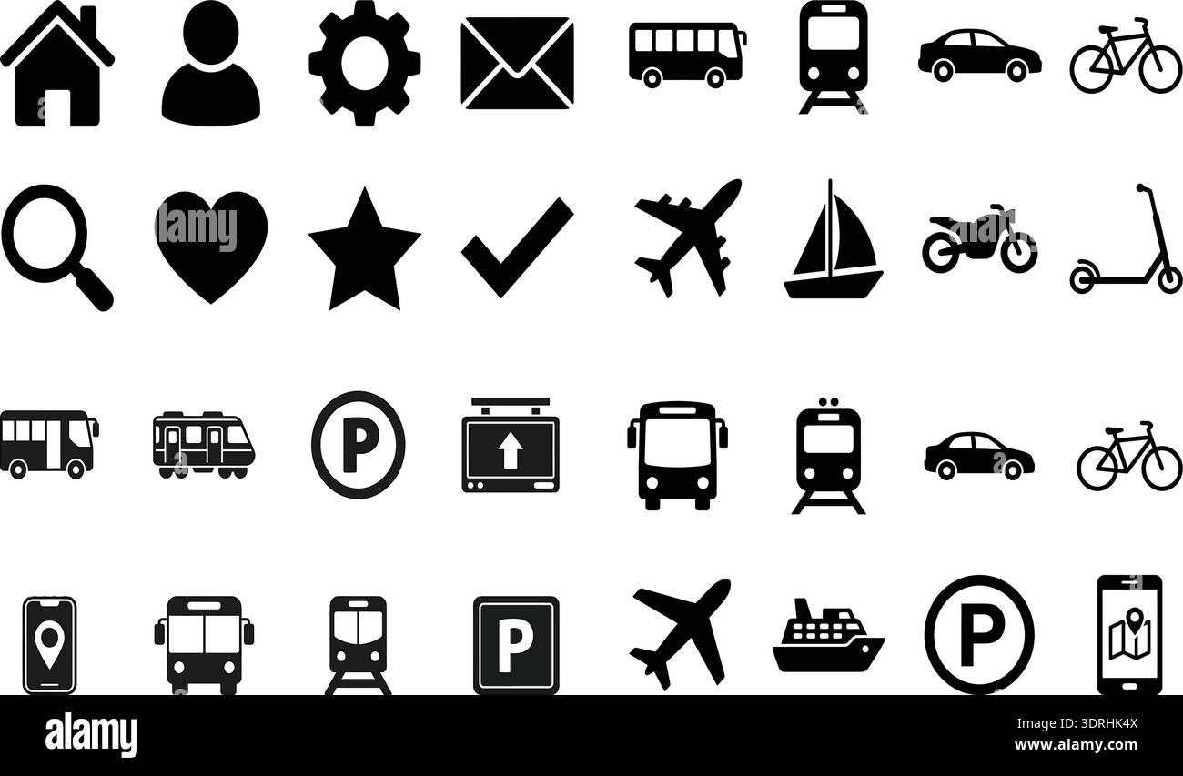 Transportation and User Interface Black Icons Set Vector Illustration Collection Stock Vector