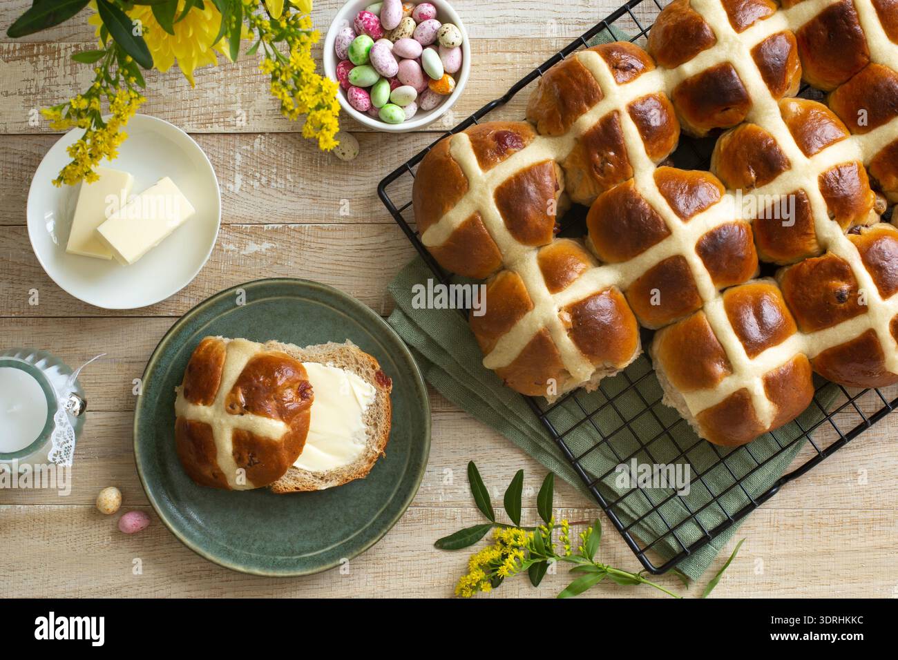 Traditional homemade Hot cross buns for Easter. Stock Photo