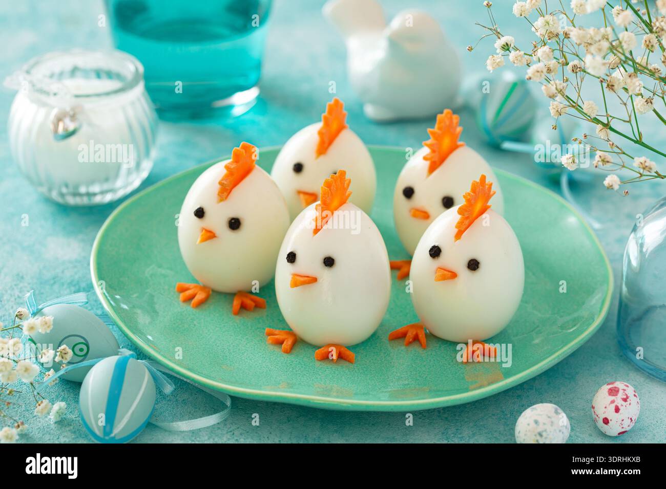 Funny eggs chicks. Easter idea for festive dinner Stock Photo