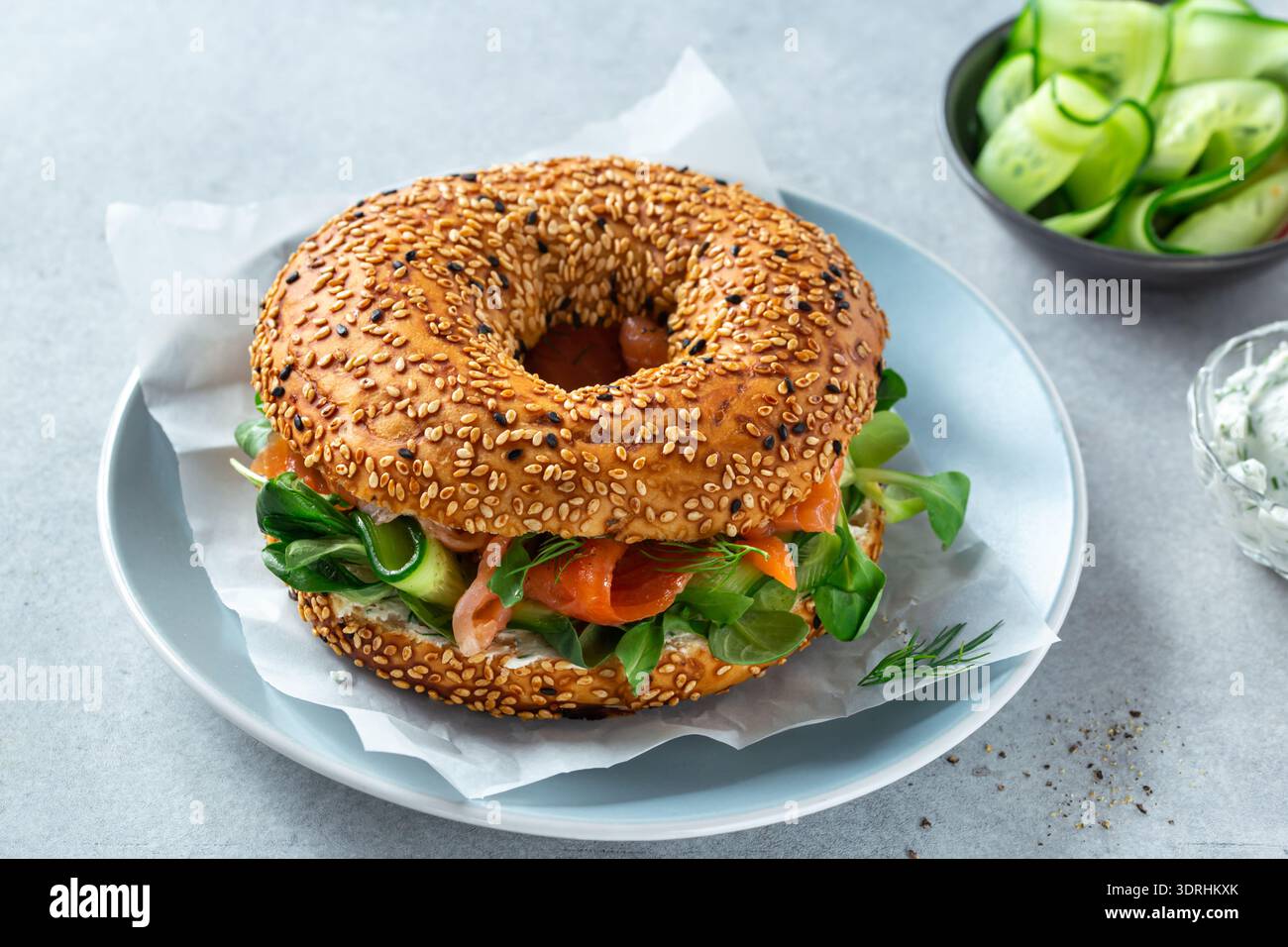 Bagel sandwich with smoked salmon Stock Photo
