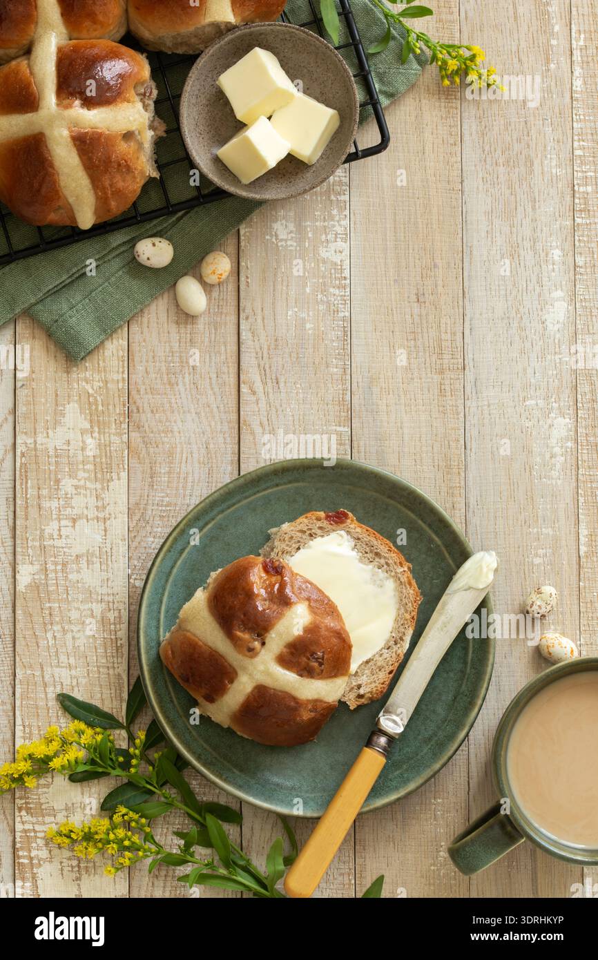 Traditional Easter hot cross buns Stock Photo