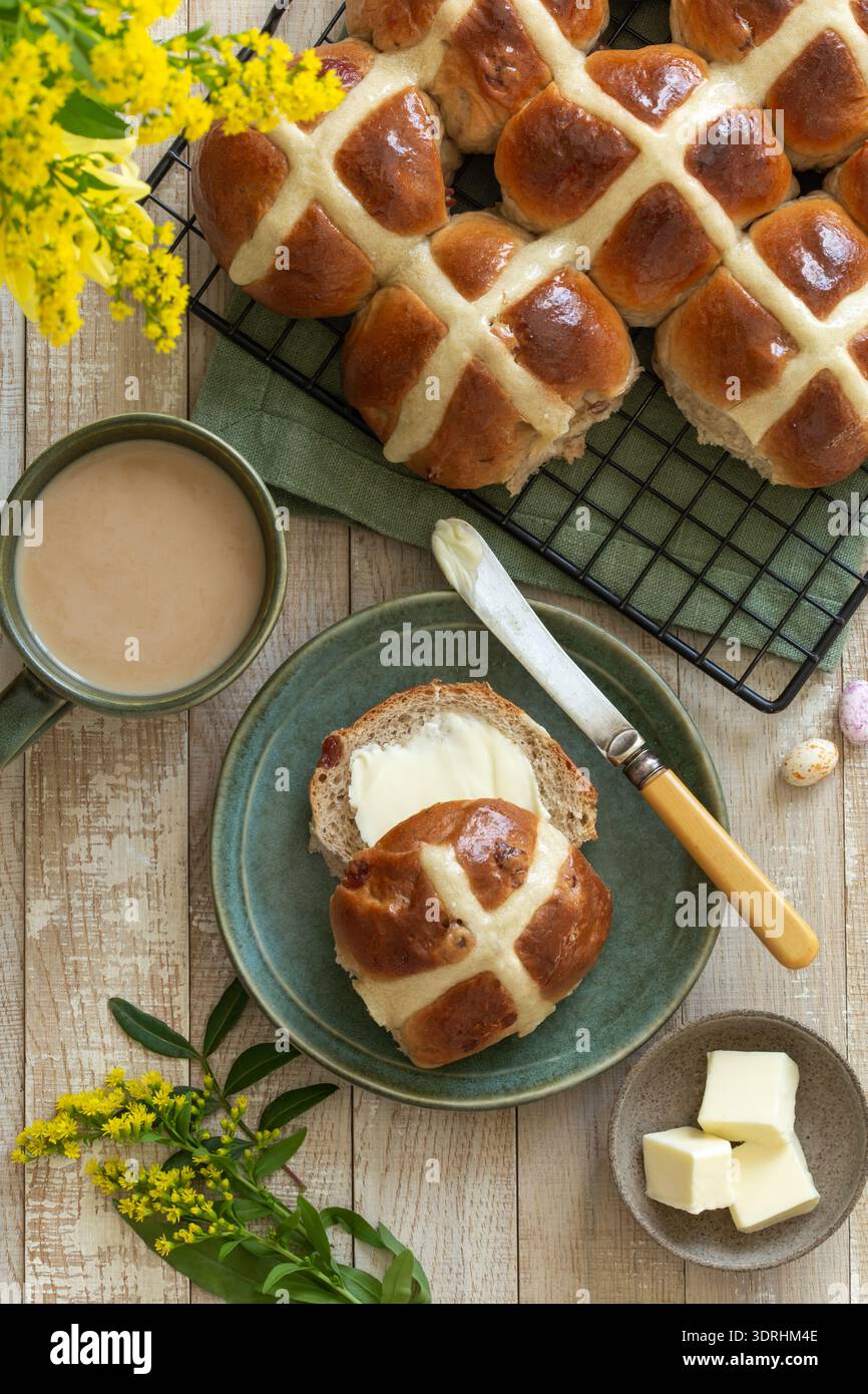 Traditional Easter hot cross buns Stock Photo