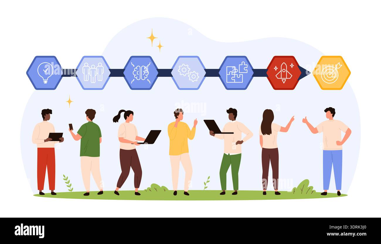 Diverse team collaborating on startup project stages with flat icons ...