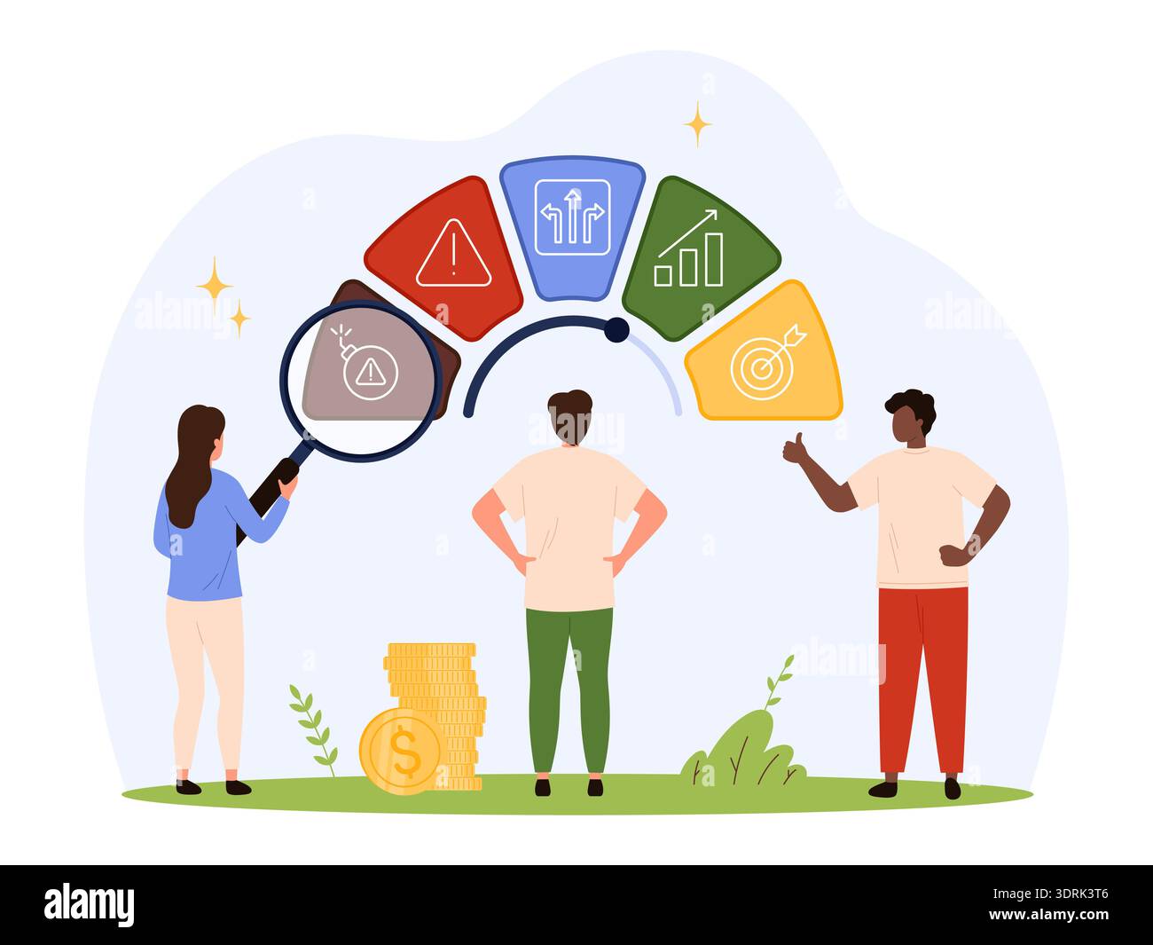 People analyzing risk management strategy with charts and symbols ...