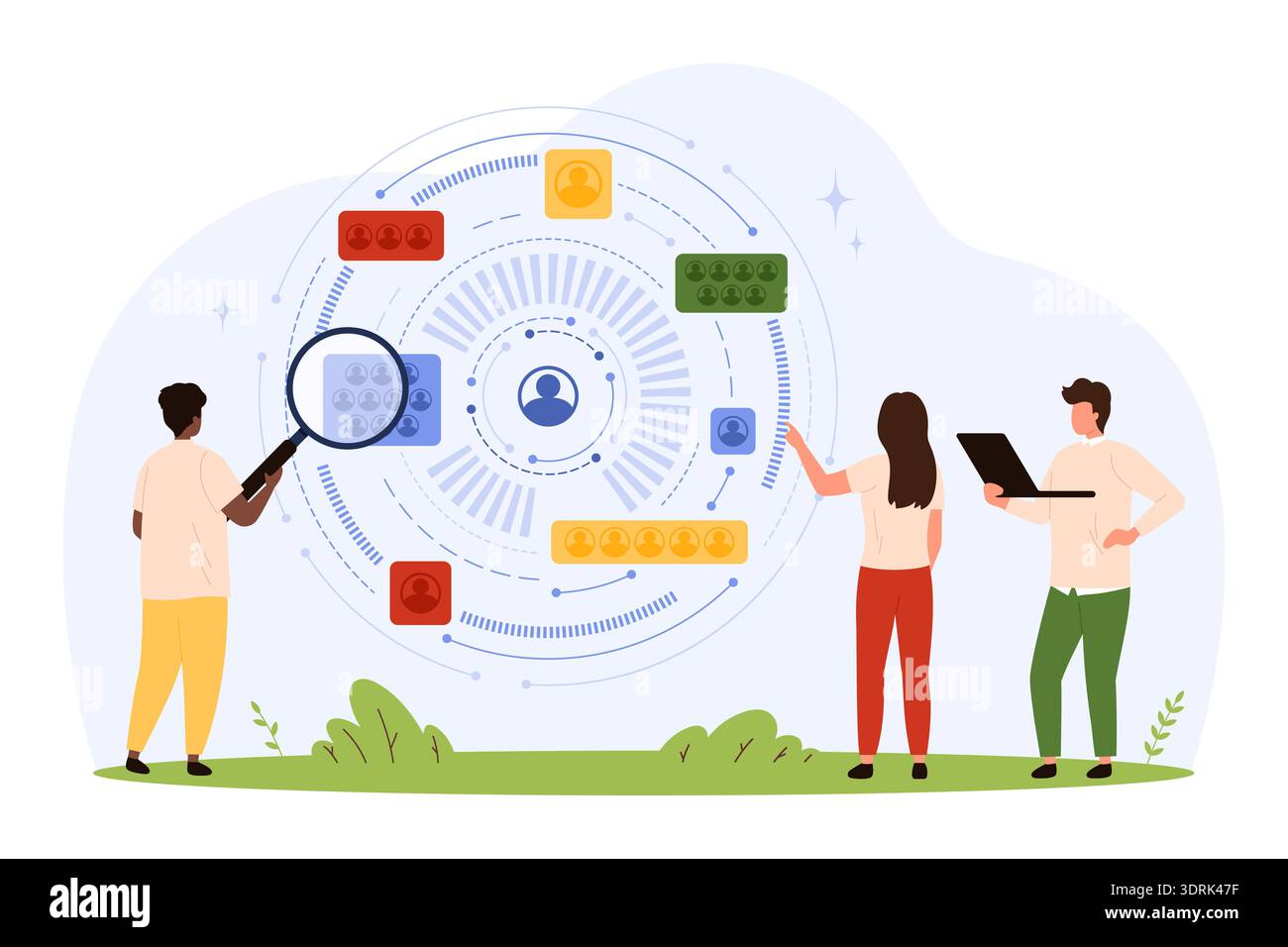 People examining user analytics with digital dashboard, abstract ...