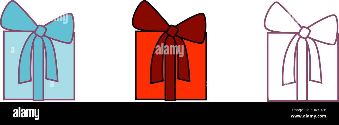 Colorful bow-tied gift boxes: blue, red, outlined Stock Vector