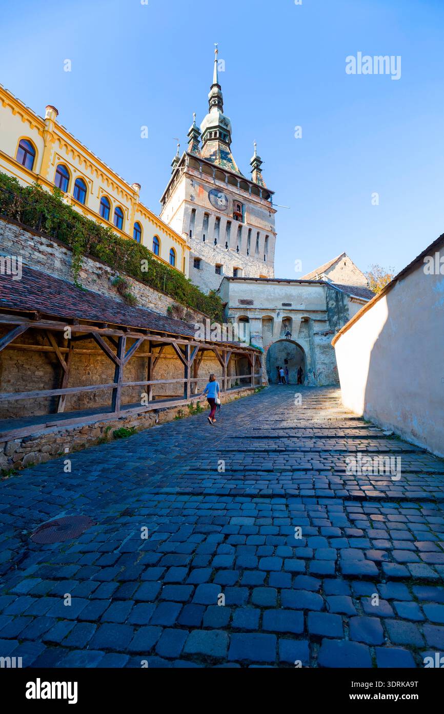Clock tower symbol of the city of Sighisoara, Romania, Eastern Europe Stock Photo