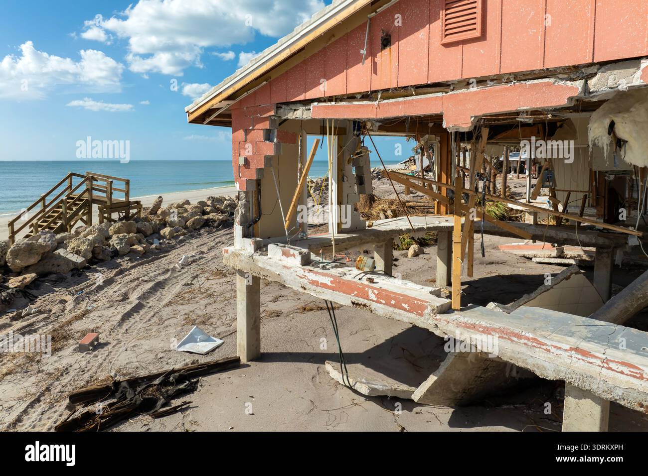 Destroyed houses on ocean shore after hurricane Milton landfall ...
