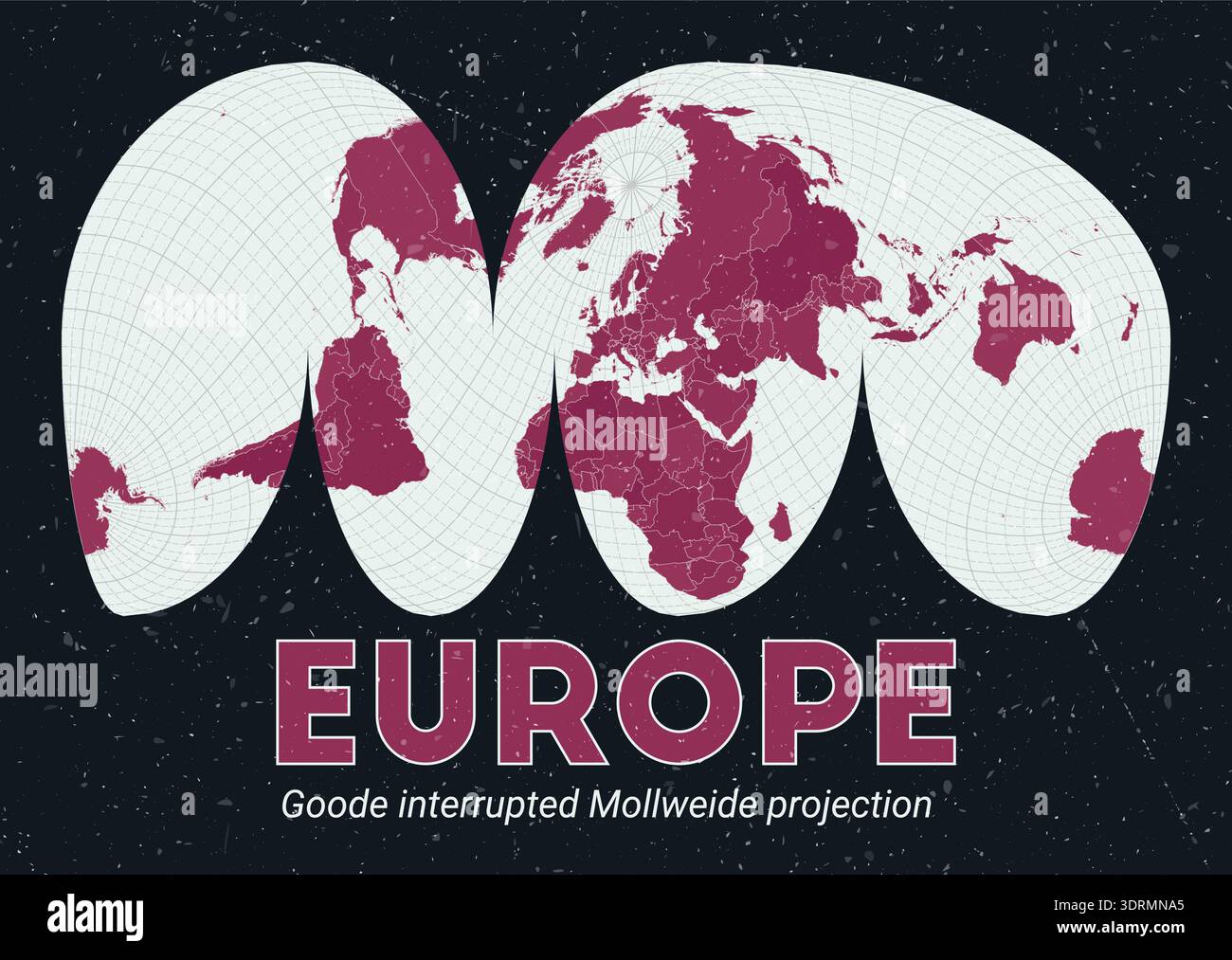 Europe centered world map using the Goode interrupted Mollweide projection. Stock Vector