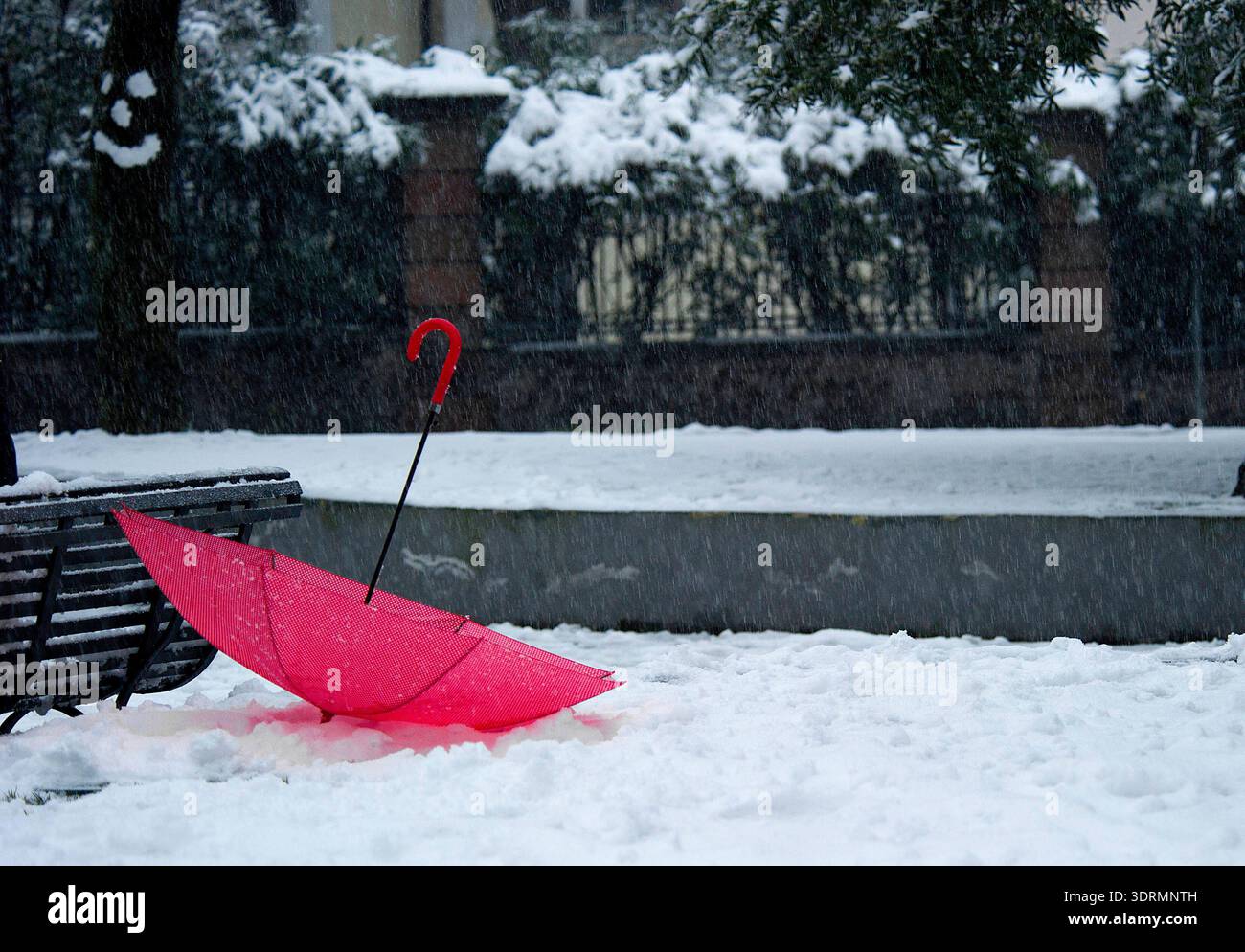 red umbrella and white snow on the ground Stock Photo