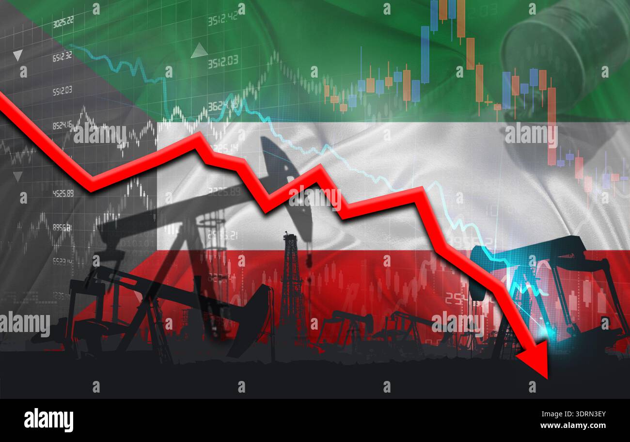 Crude crisis with Kuwaiti flag on financial graph. Fall oil price with ...