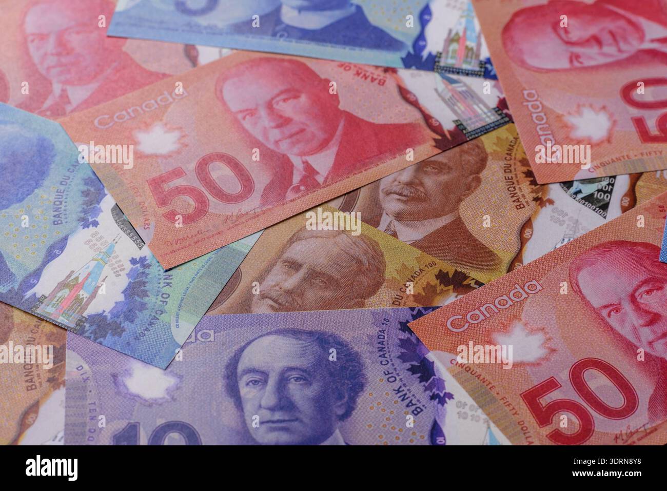 Money, currency of Canada, dollar banknotes of various denominations ...