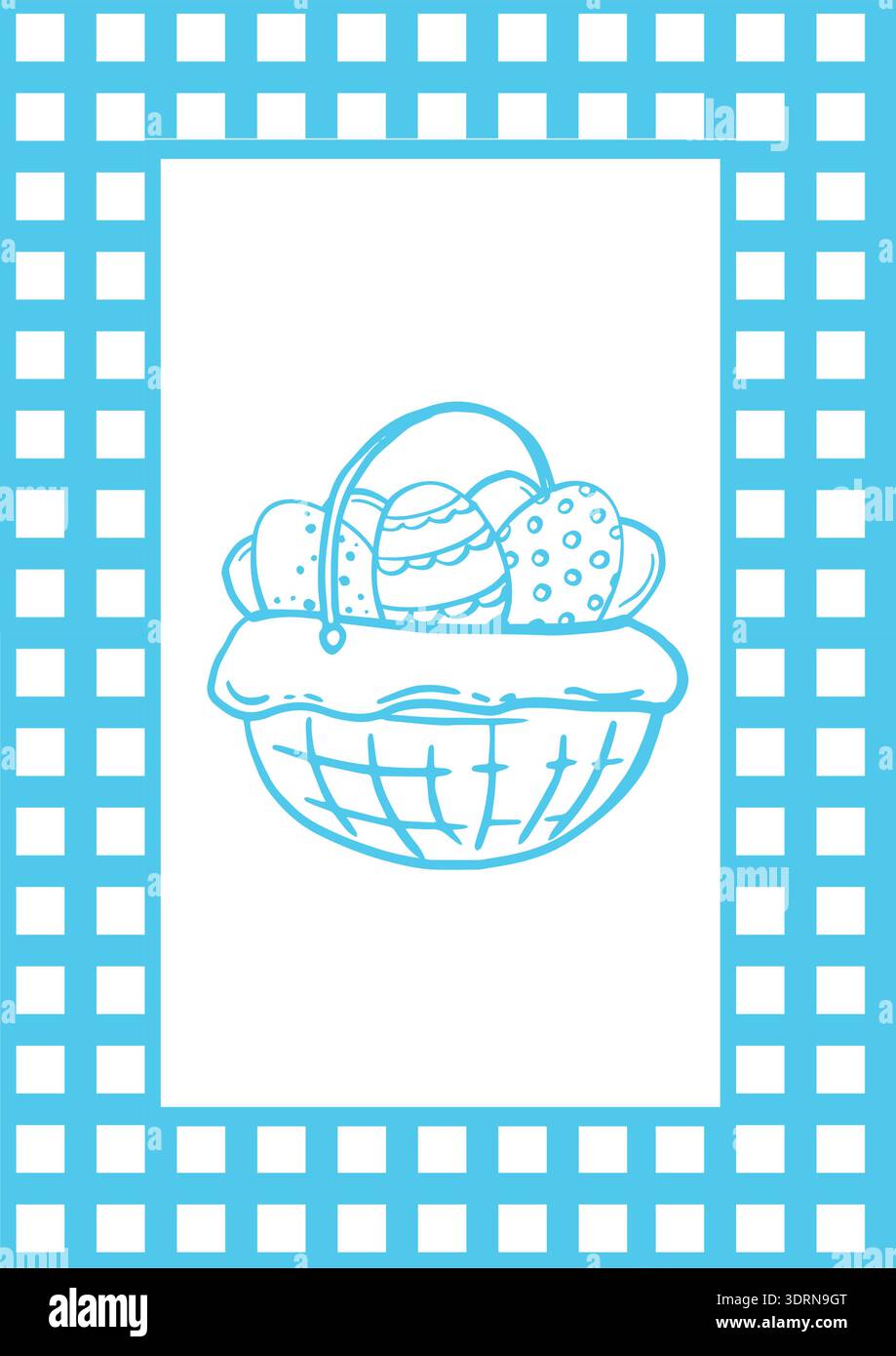 Easter card with checkered frame and painted eggs in basket. Vector graphics illustration. Whimsical hand drawn poster for holiday greeting. Festive Stock Vector