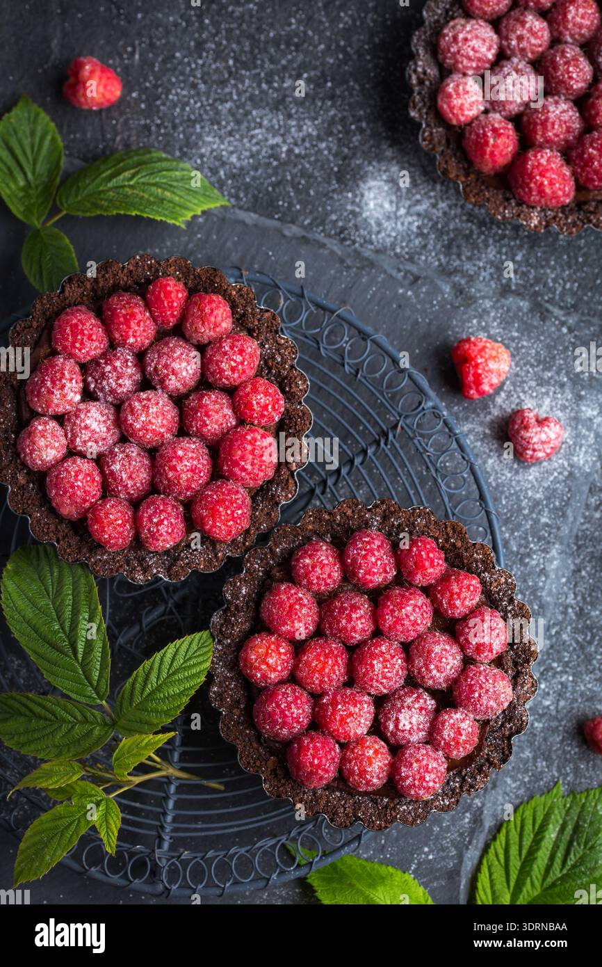 Chocolate tarts with fresh raspberry Stock Photo