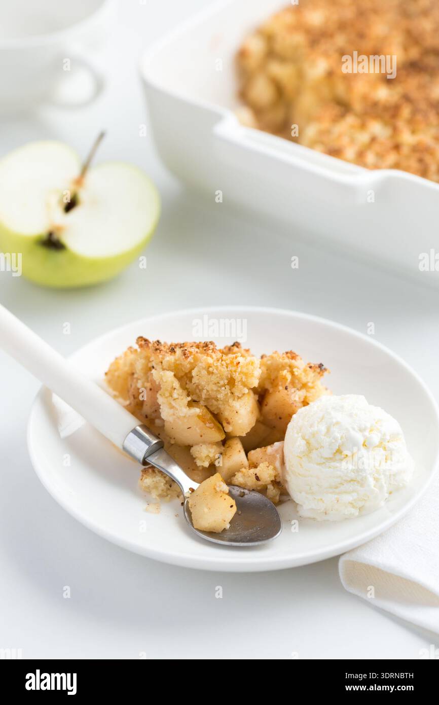Apple crumble pie and vanilla ice cream Stock Photo
