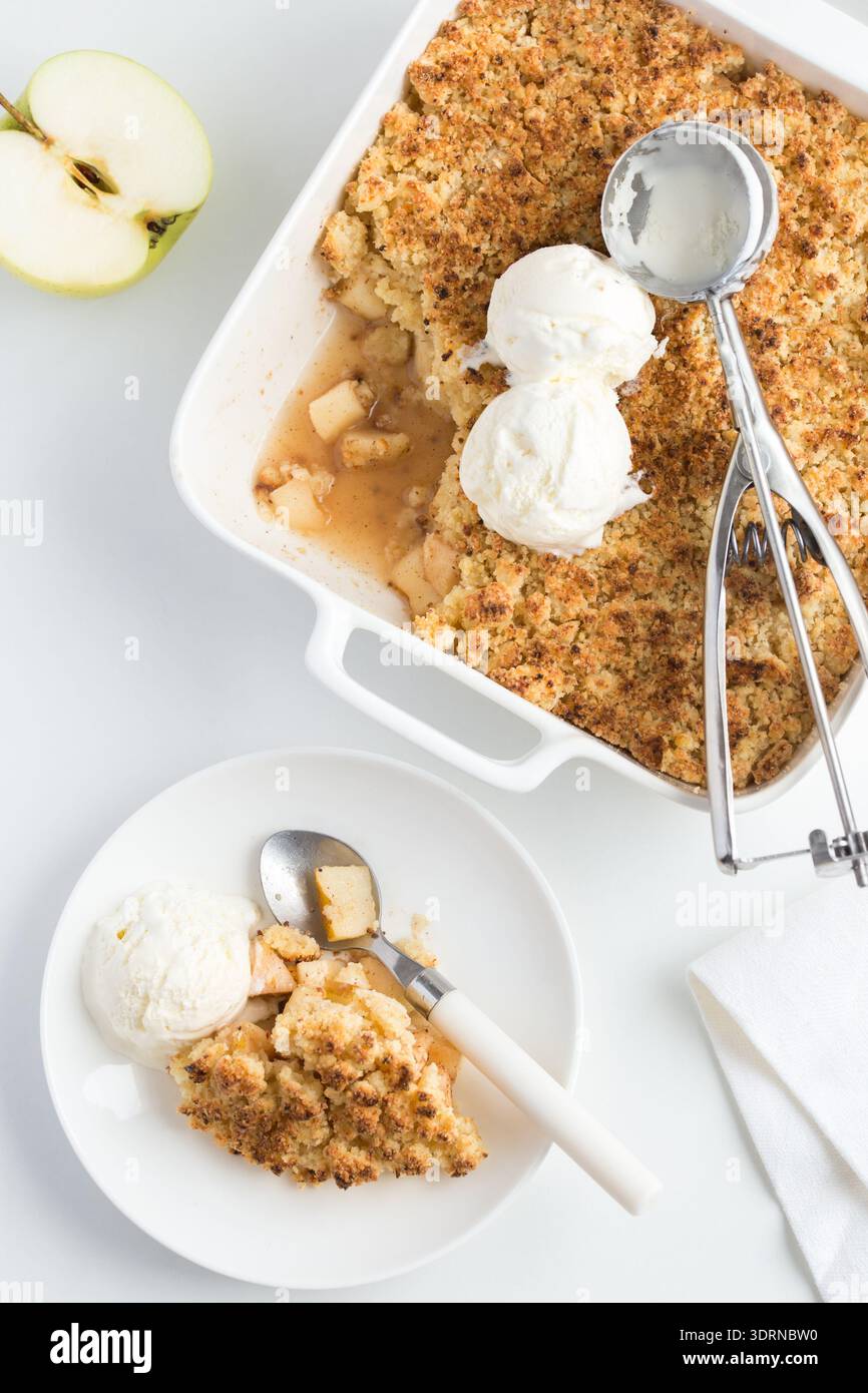 Apple crumble pie and vanilla ice cream Stock Photo