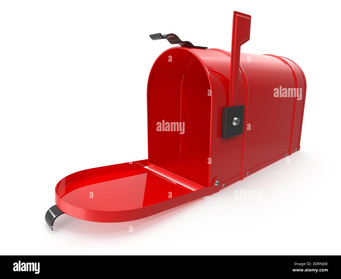 Bright red mailbox with open door on white background Stock Photo