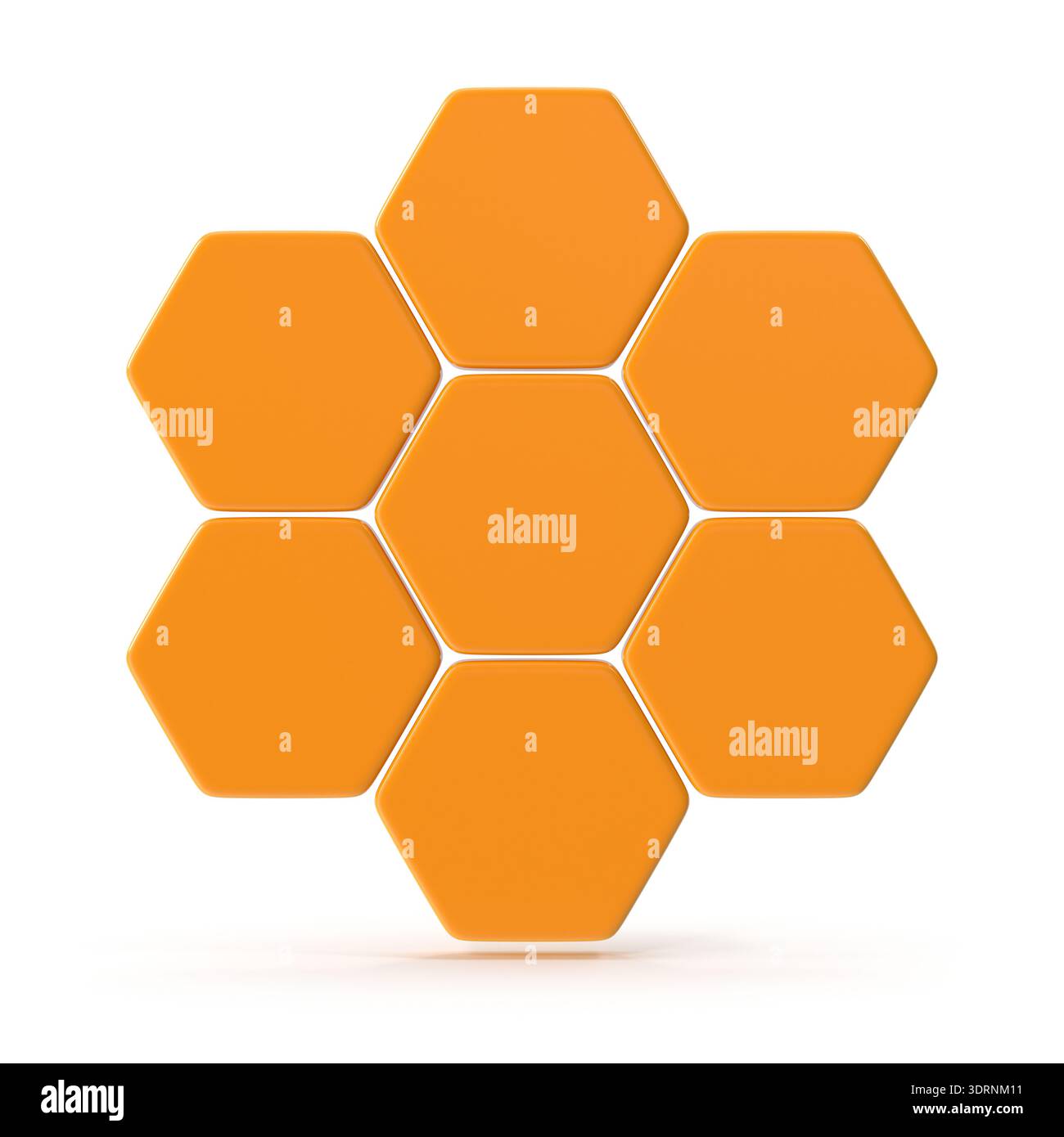 Seven Interconnected Orange Hexagons in a 3D Cluster Stock Photo
