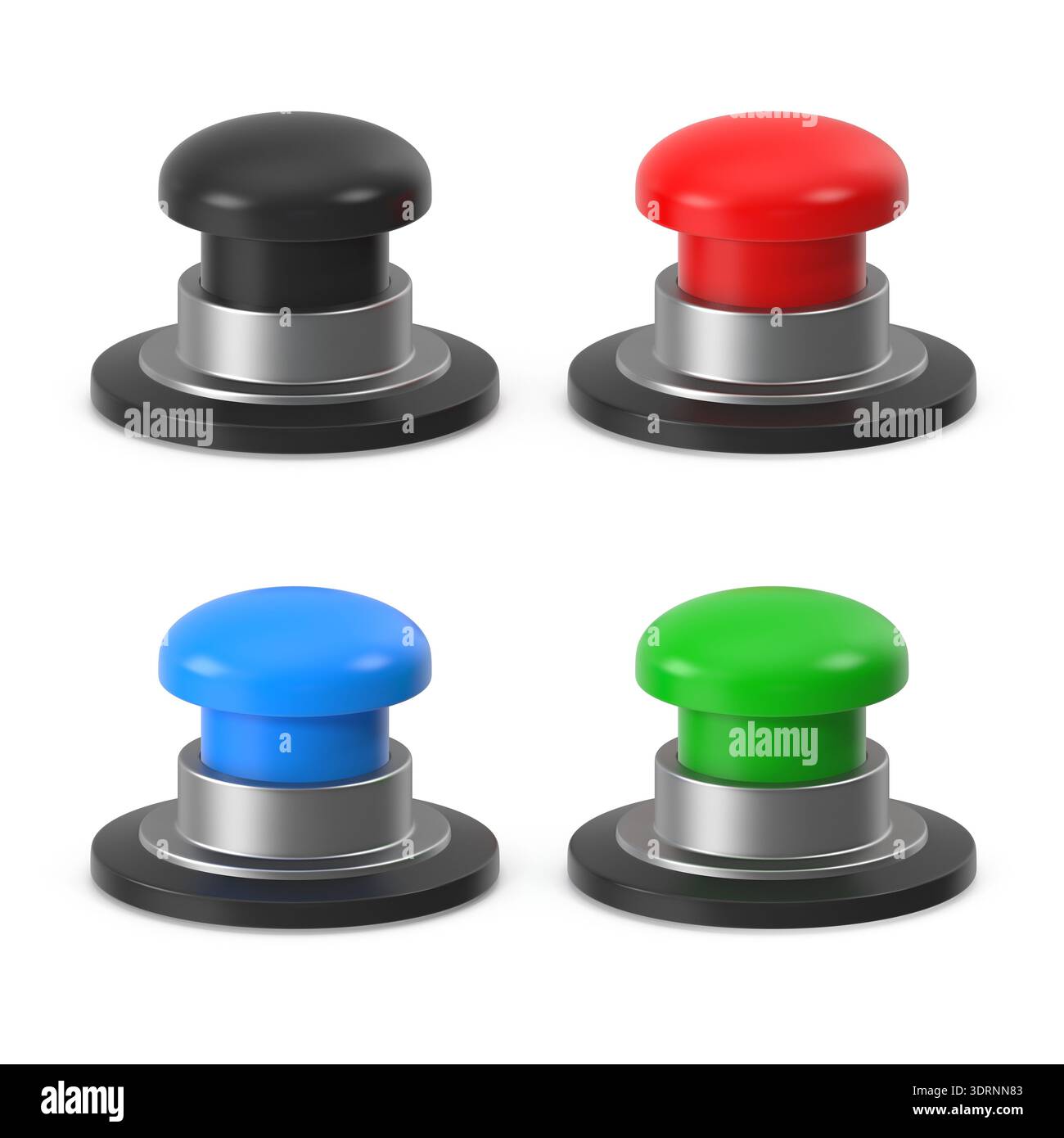 Four Realistic 3D Push Buttons in Different Colors Stock Photo