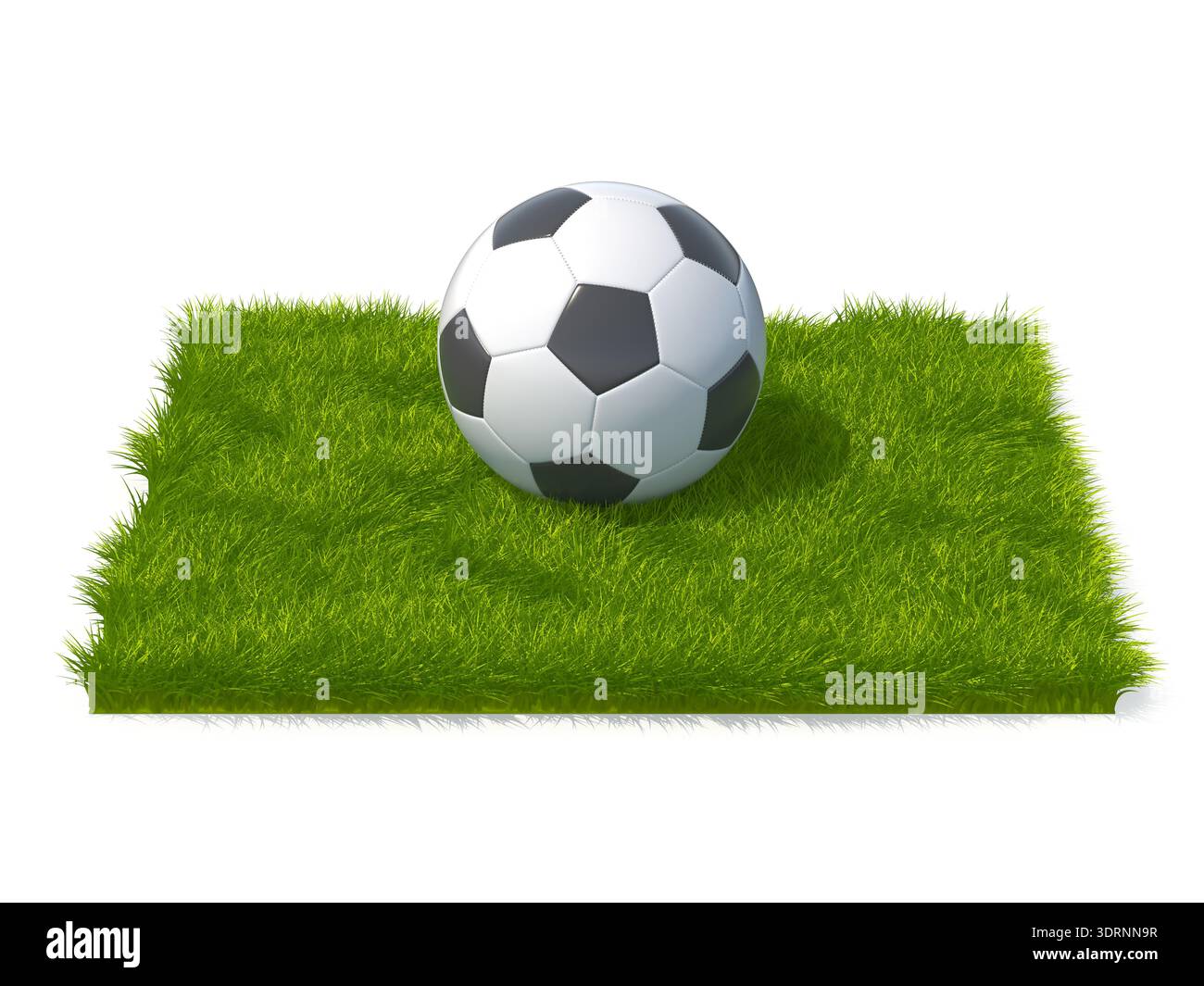 3D Rendered Soccer Ball on a Square Patch of Green Grass Stock Photo