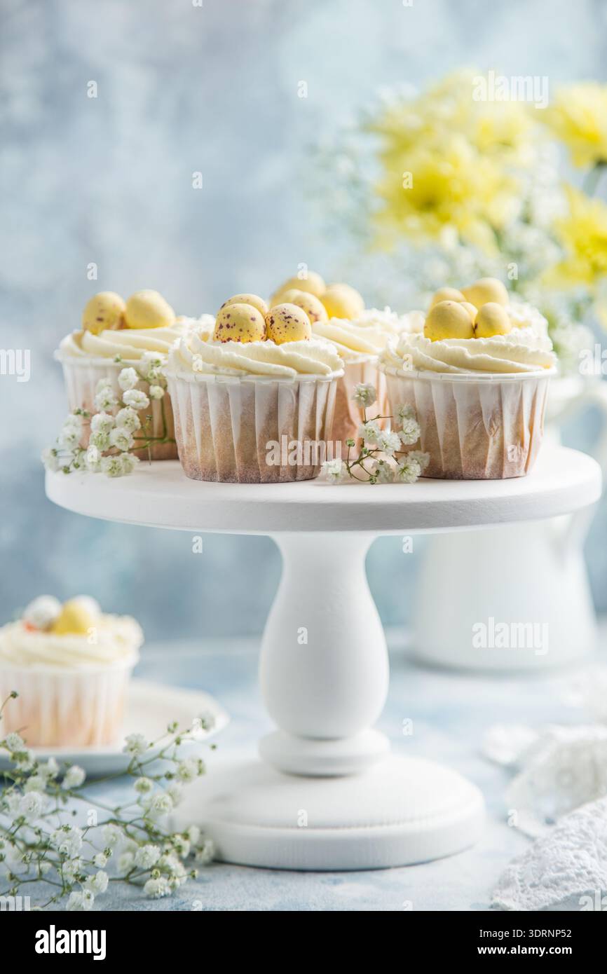 Easter cupcakes decorated with cream cheese frosting and candy eggs Stock Photo