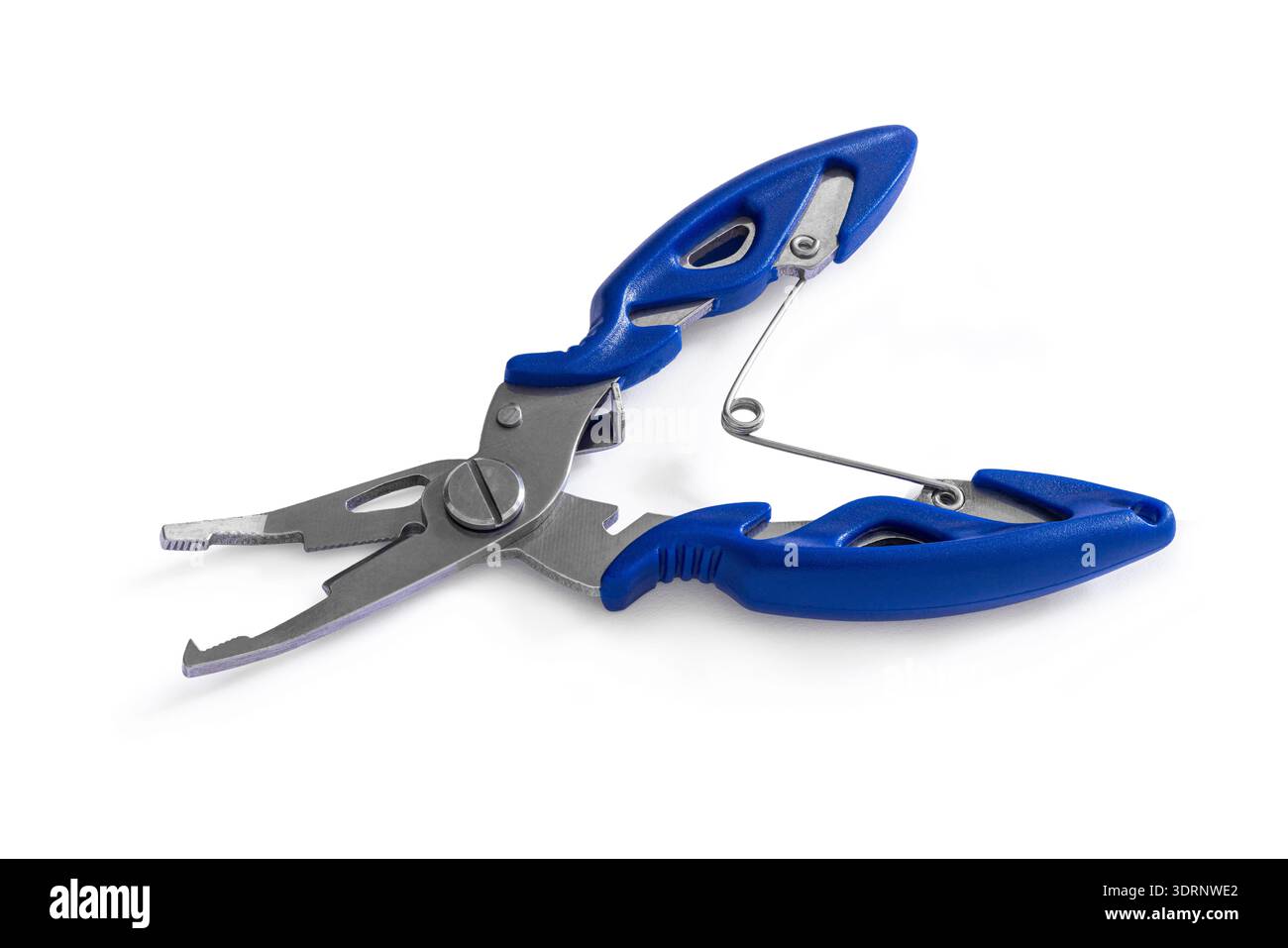 Fishing multitool close-up on white isolated background. Stock Photo