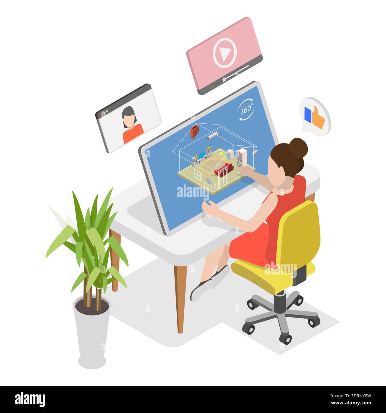 3D Isometric Flat  Illustration of Virtual Open House, Real Estate Tour Stock Photo