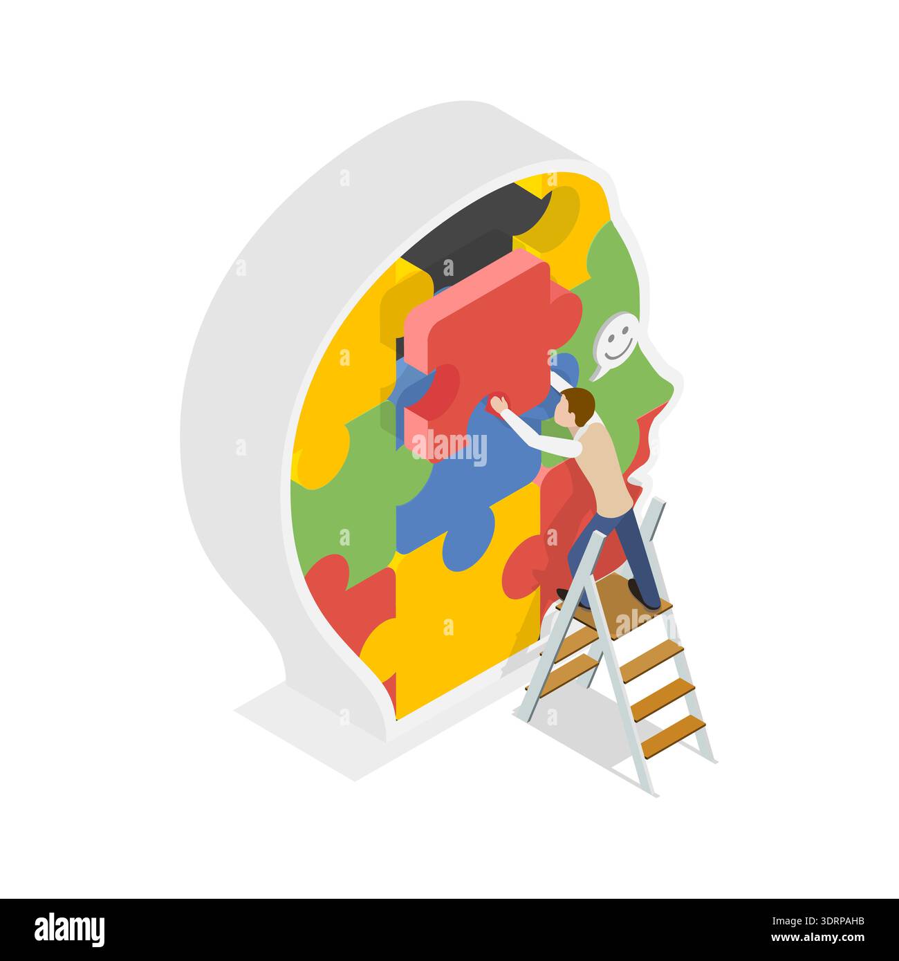 3D Isometric Flat  Illustration of Psychologic Therapy, Brain Puzzle For Problem-Solving Tasks And Challenges Stock Photo