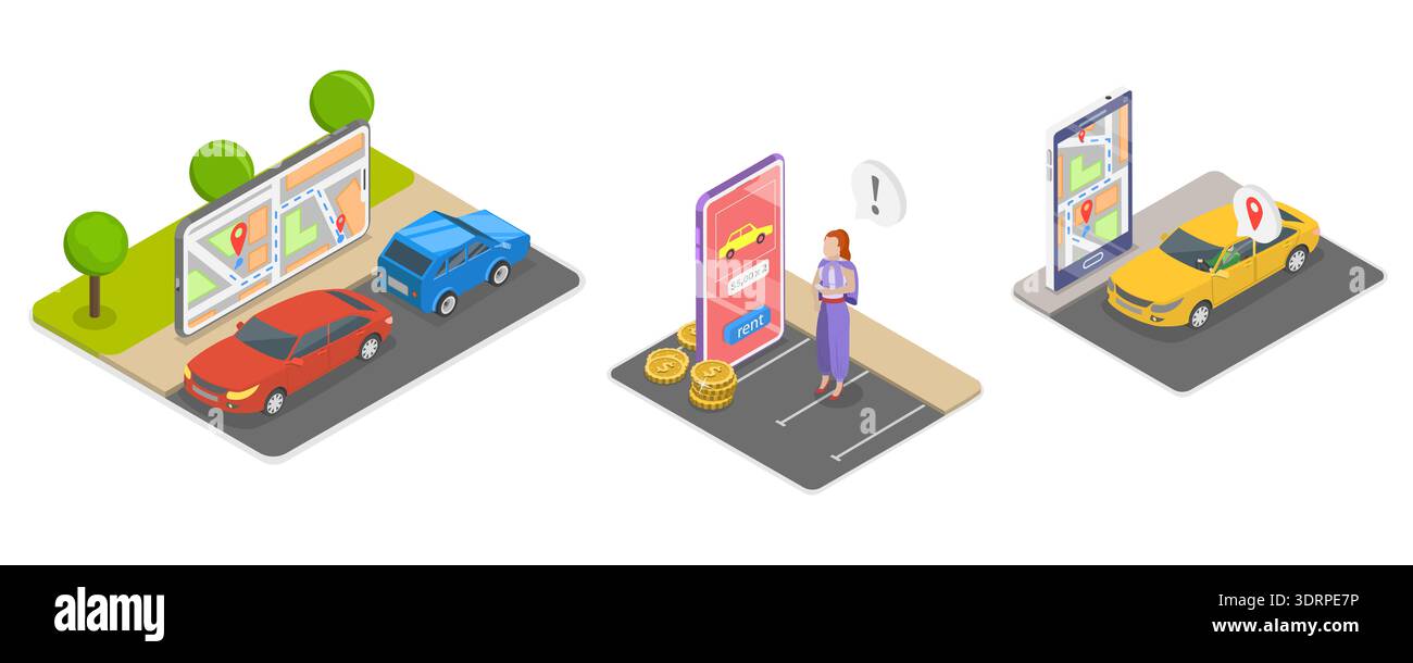 3D Isometric Flat Vector Illustration of Renting a Car Using a Mobile Application Stock Photo