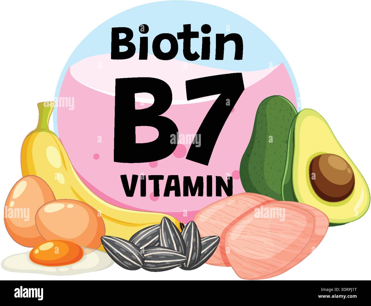 Colorful vector of biotin-rich foods including eggs, avocado, banana ...