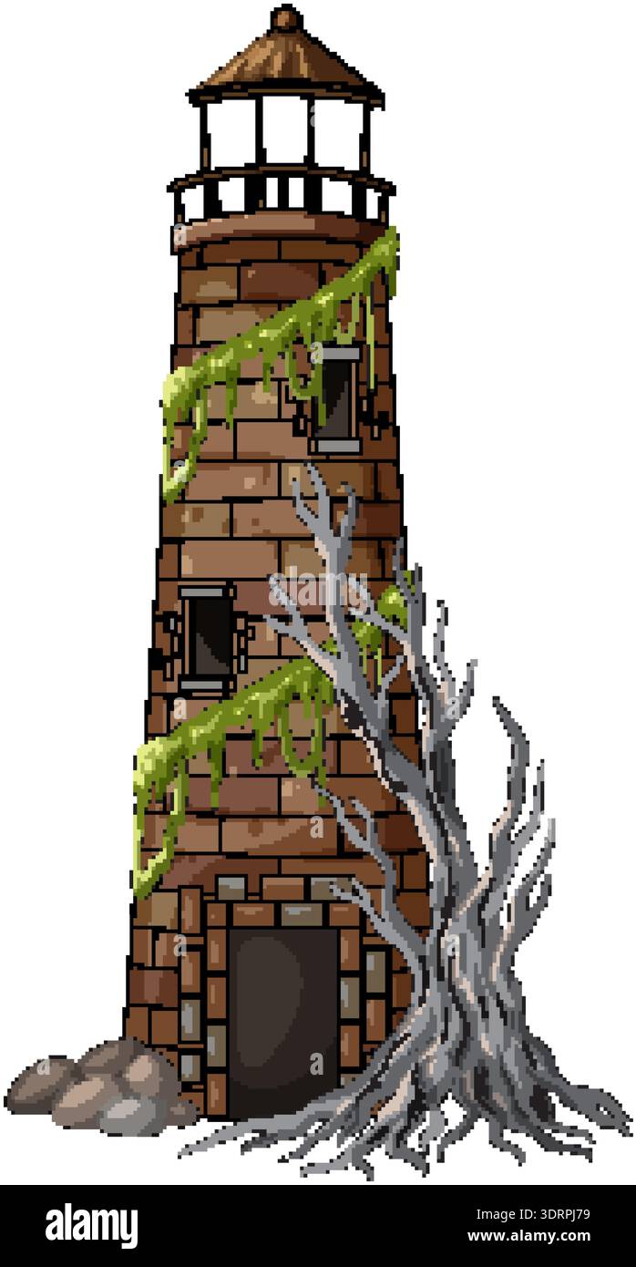 Old brick lighthouse tower with moss and dead tree, isolated vector illustration on white Stock Vector