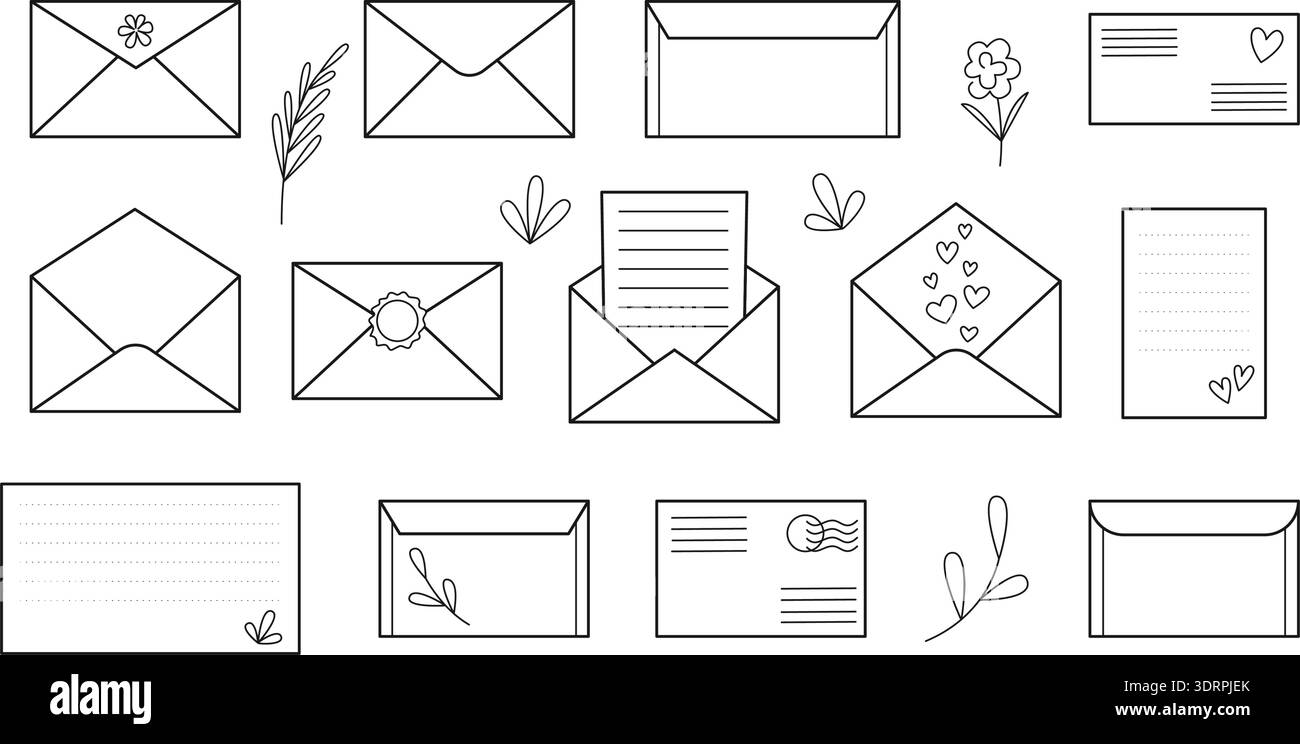 Letters, envelopes, postcards, and messages set in line style. Postal ...