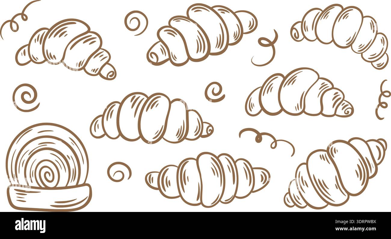 Hand drawn set of croissants. Traditional French breakfast pastry in ...