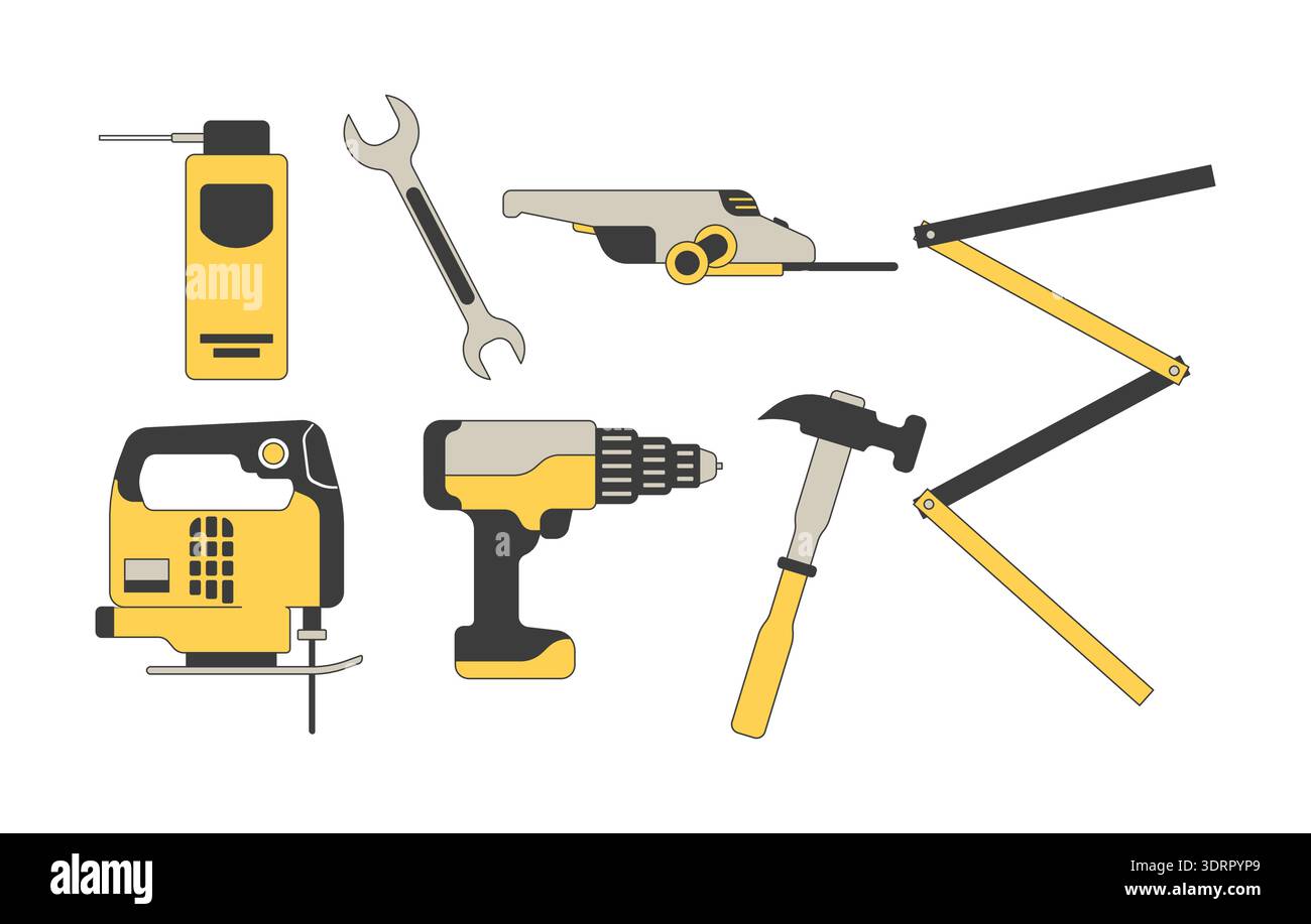 Construction tools 2D cartoon objects set Stock Vector