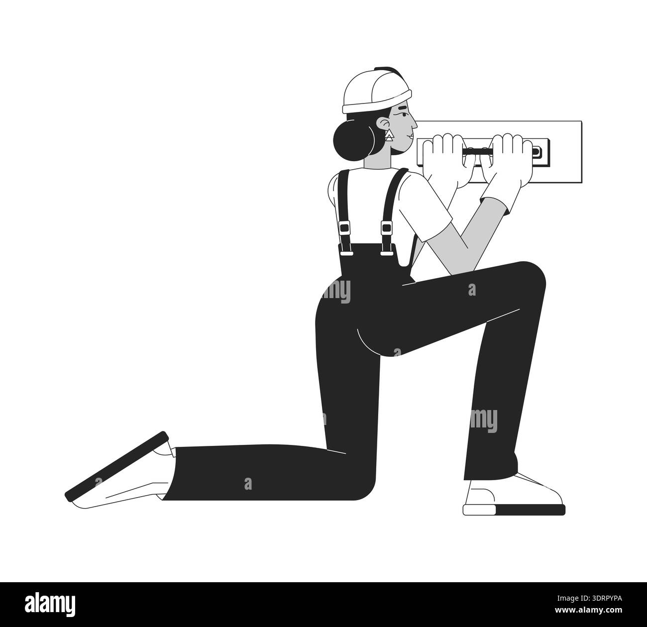 Female construction worker applying wall putty 2D line character Stock Vector