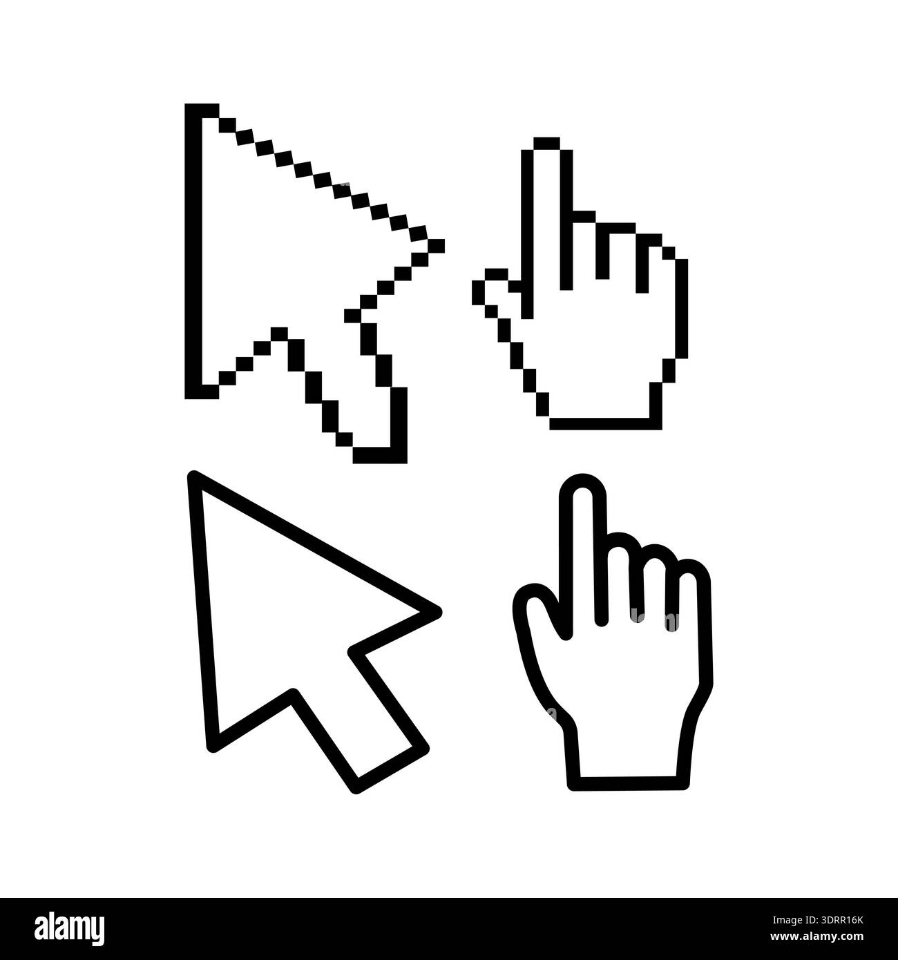 Pixel mouse cursor and hand pointer icon. Clipart image isolated on white background. Stock Vector