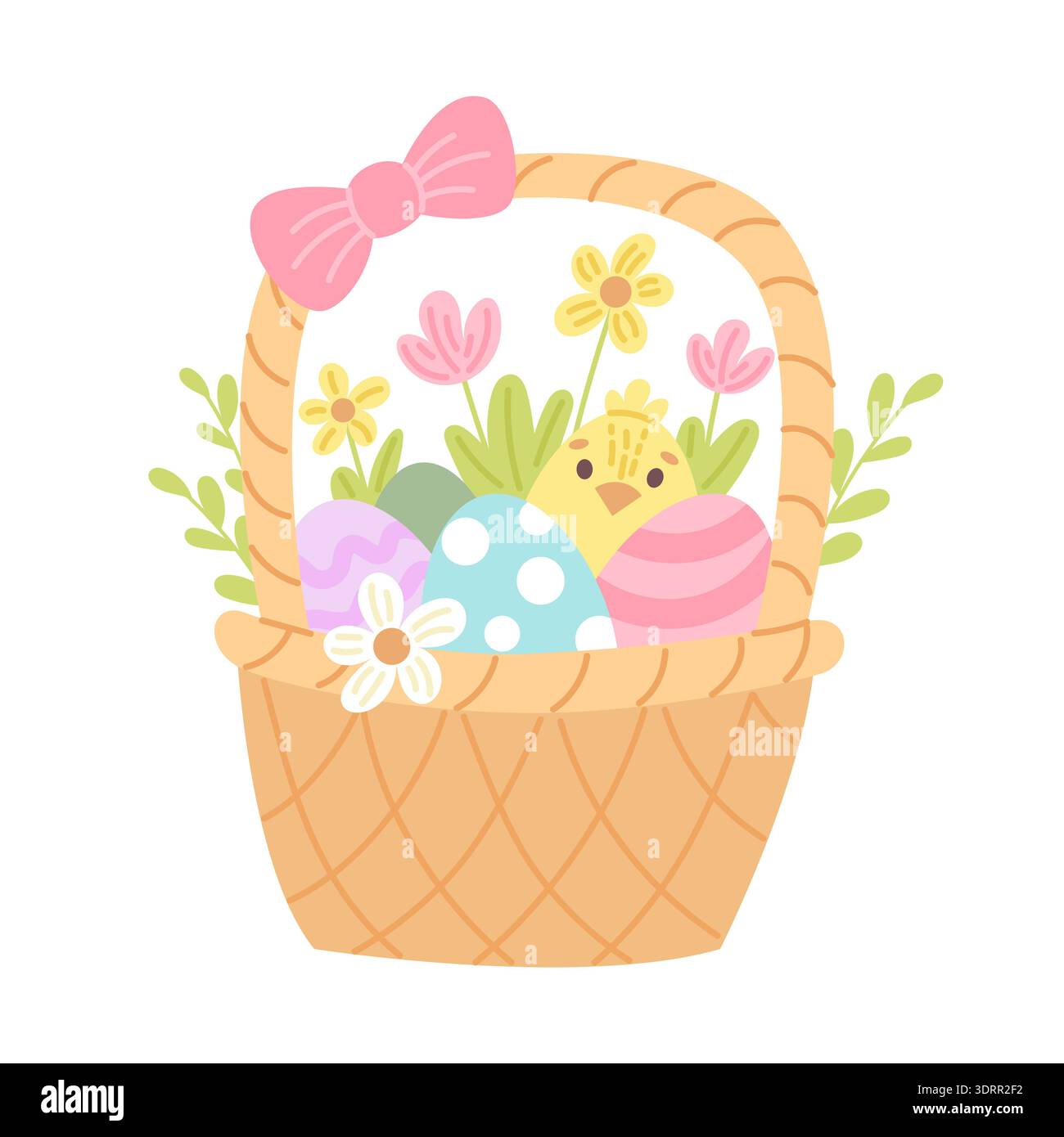 Basket with Easter eggs. Happy Easter cute colorful vector illustration. Springtime holiday gift. Stock Vector